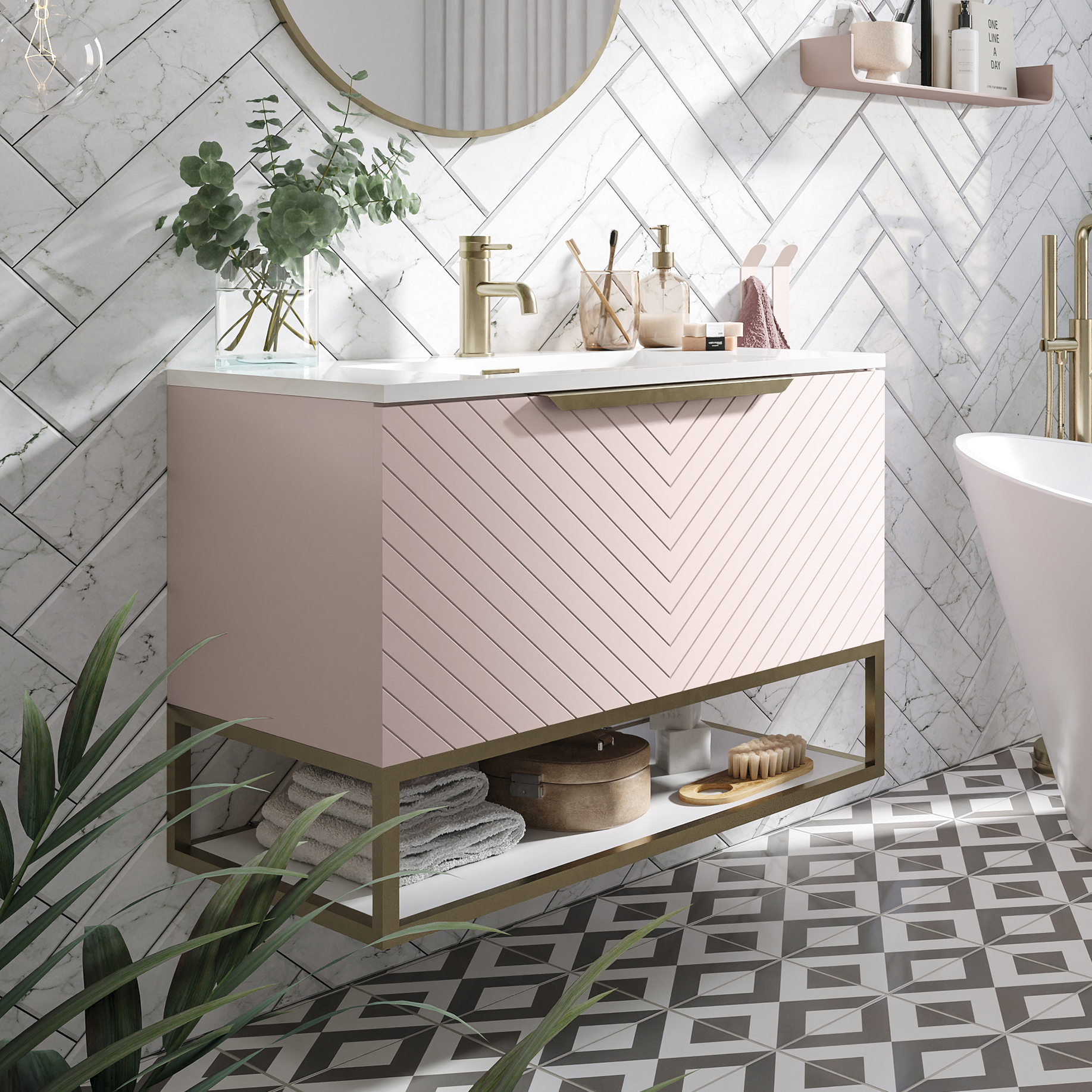 Harbour Symmetry 800mm Wall Hung Vanity Unit with Brushed Brass Frame Shelf and Handle & Basin