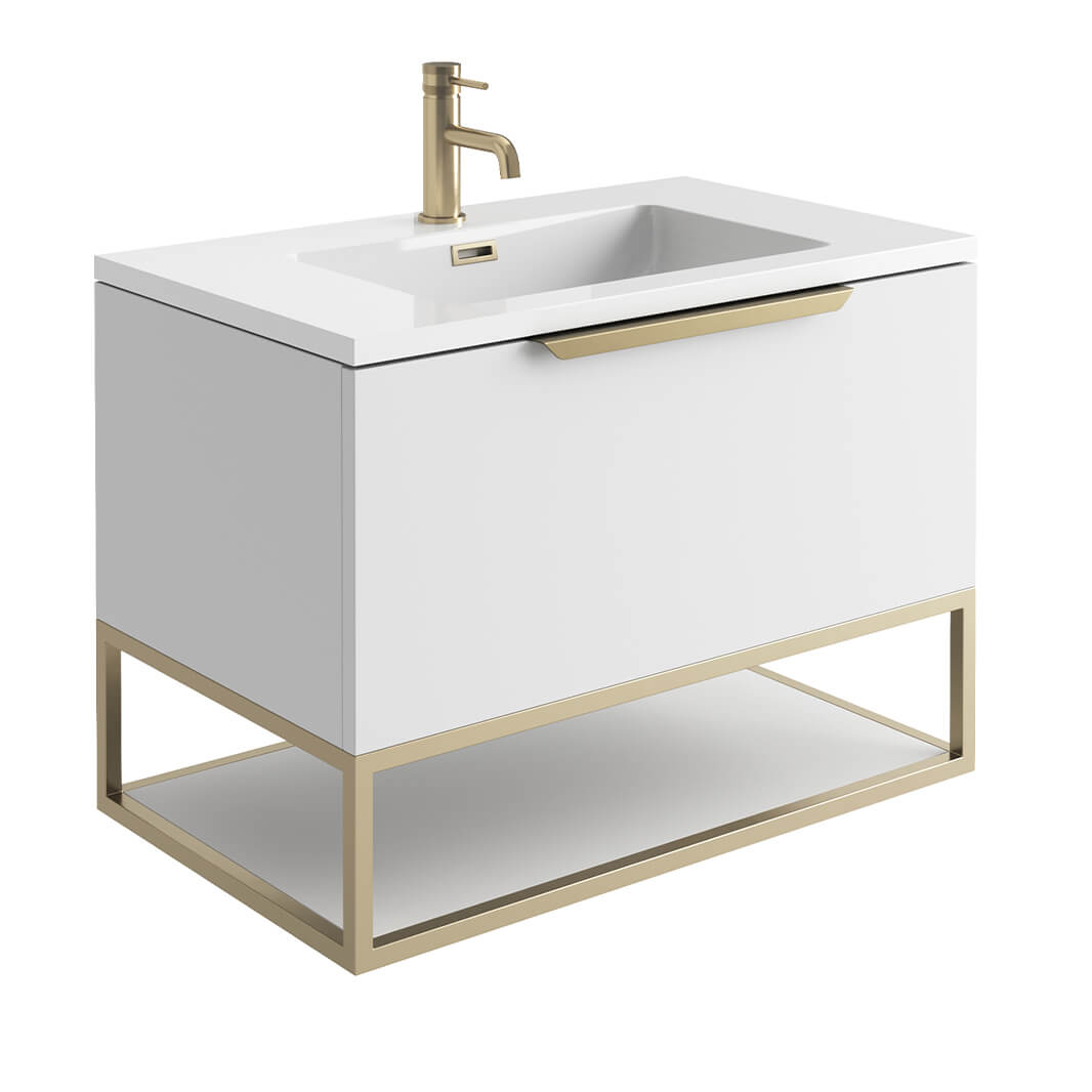 Harbour Virtue 800mm Wall Hung Vanity Unit with LED Illumination, Brushed Brass Frame Shelf and Handle & Basin