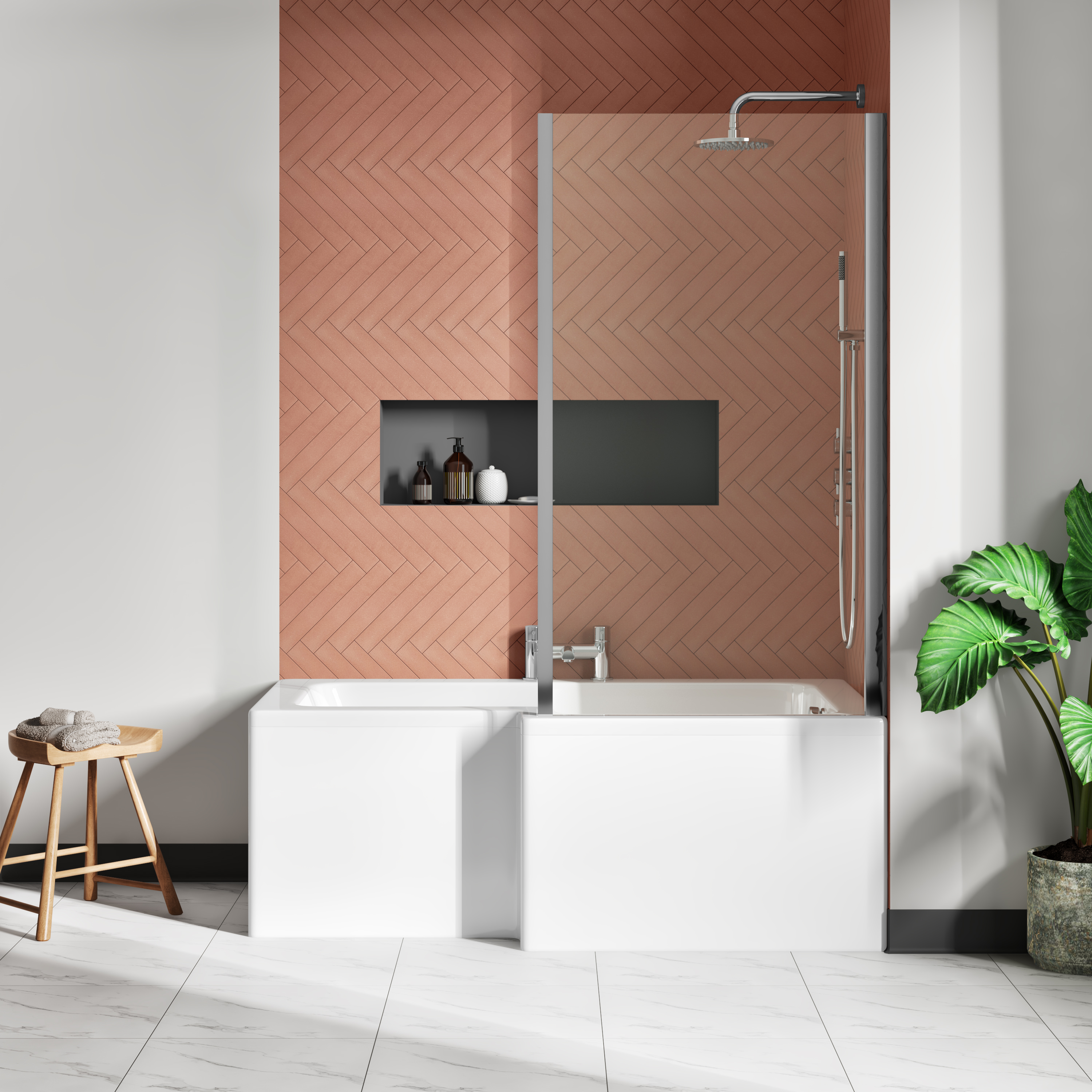 Drench Polished Chrome Fixed L-Shaped Bath Screen with Fixed Return - 1400 x 800mm