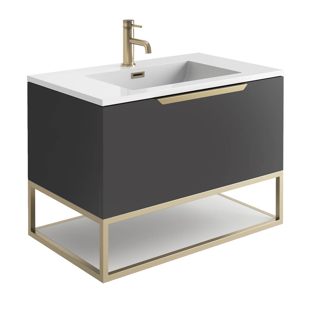 Harbour Virtue 800mm Wall Hung Vanity Unit with LED Illumination, Brushed Brass Frame Shelf and Handle & Basin