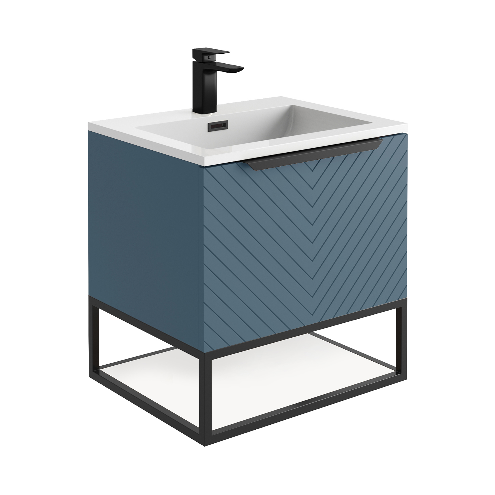 Harbour Symmetry 600mm Wall Hung Vanity Unit with Matt Black Frame Shelf and Handle & Basin