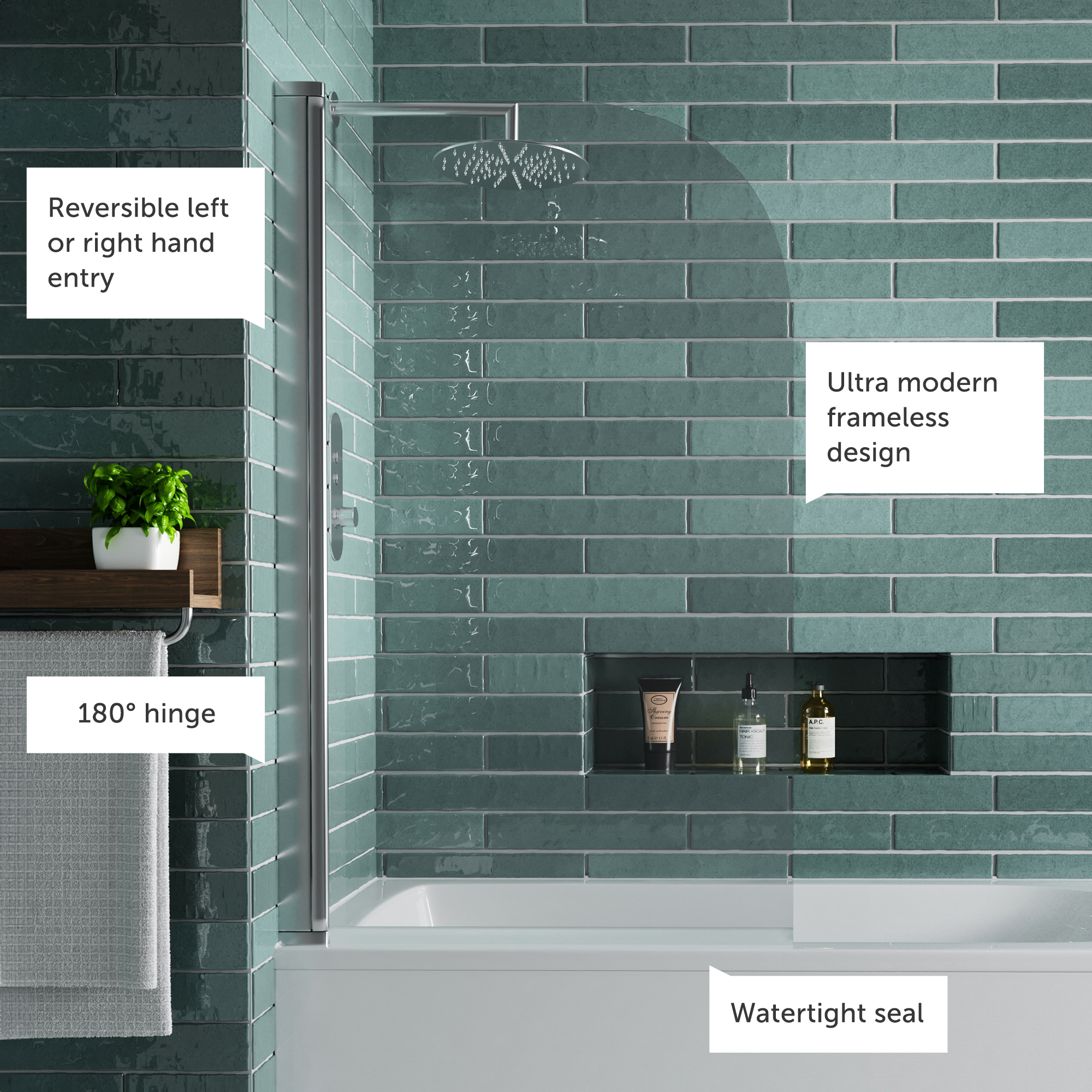 Vellamo Curved Corner Single Hinged Bath Screen - 1400 x 800mm