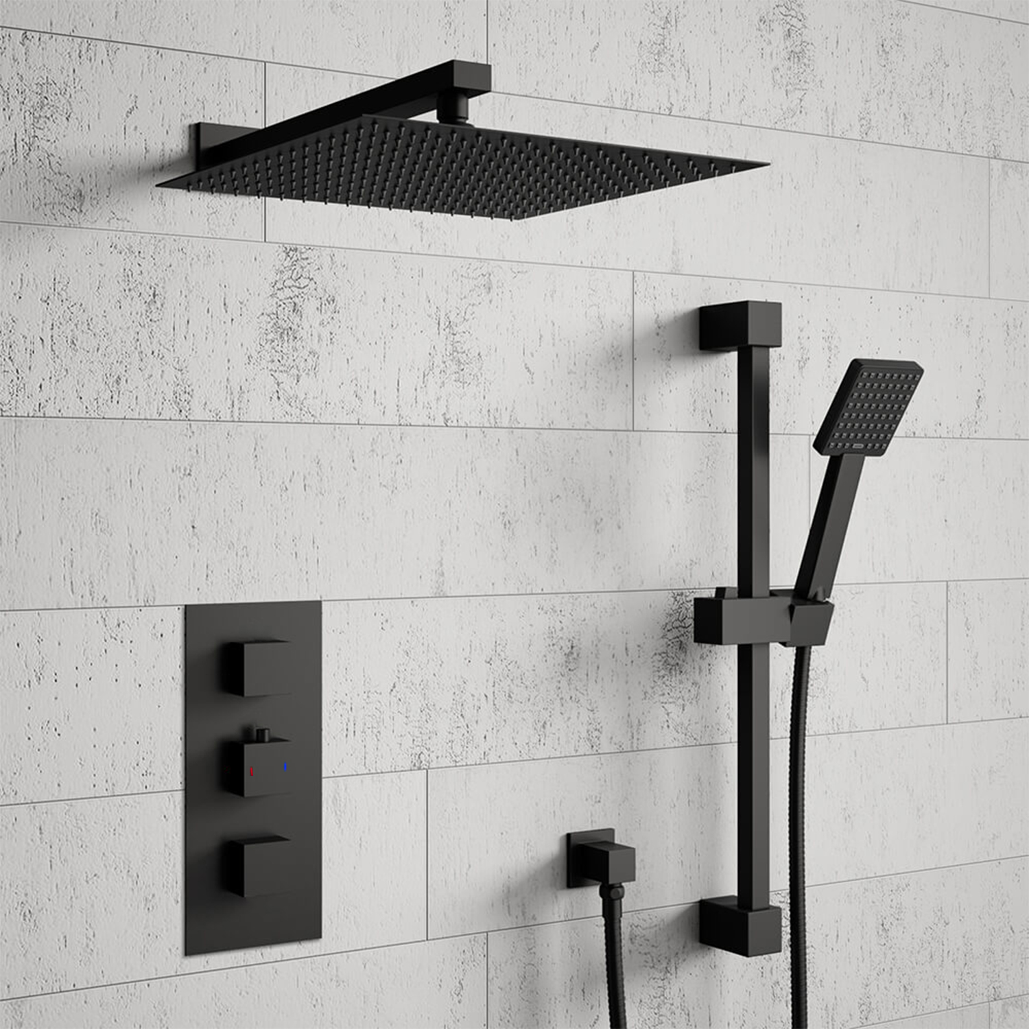 Harbour Status Concealed Shower Valve, Fixed Wall Mounted Head & Slide Rail Kit - Matt Black
