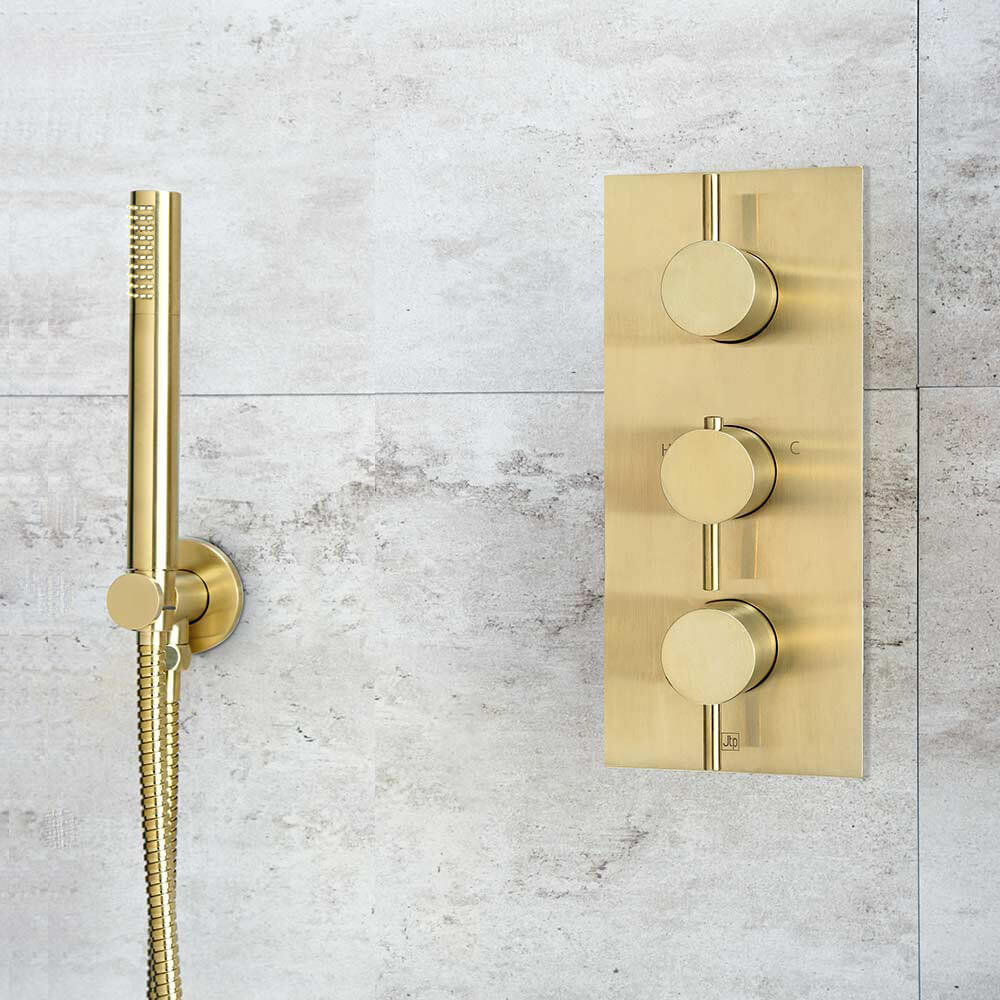 VOS Round Water Outlet & Holder with Metal Hose & Slim Hand Shower - Brushed Brass