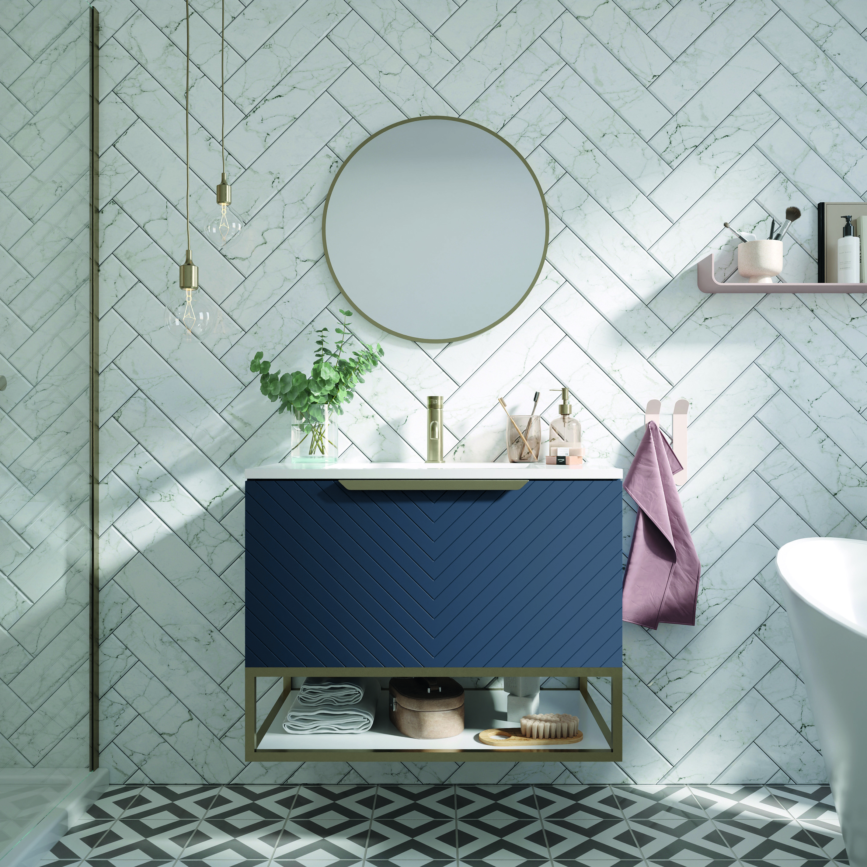 Harbour Symmetry 800mm Wall Hung Vanity Unit with Brushed Brass Frame Shelf and Handle & Basin