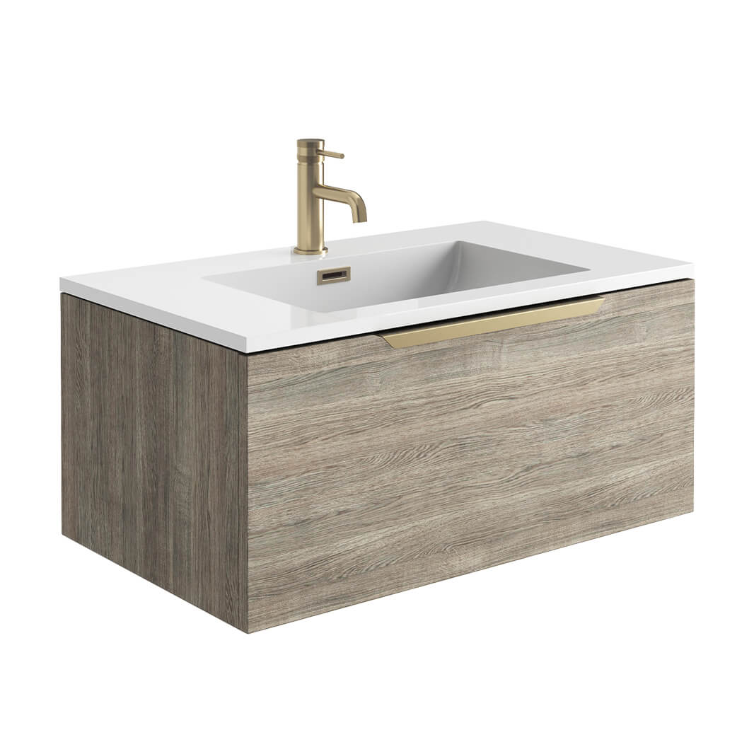 Harbour Virtue 800mm Wall Hung Vanity Unit with LED Illumination, Brushed Brass Handle & Basin