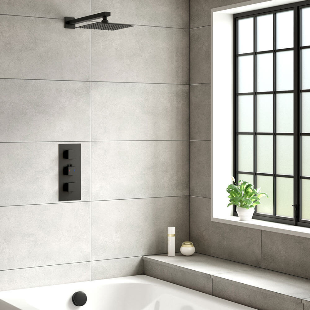 Harbour Status Matt Black Concealed Shower Valve, Fixed Wall Mounted Head & Overflow Bath Filler