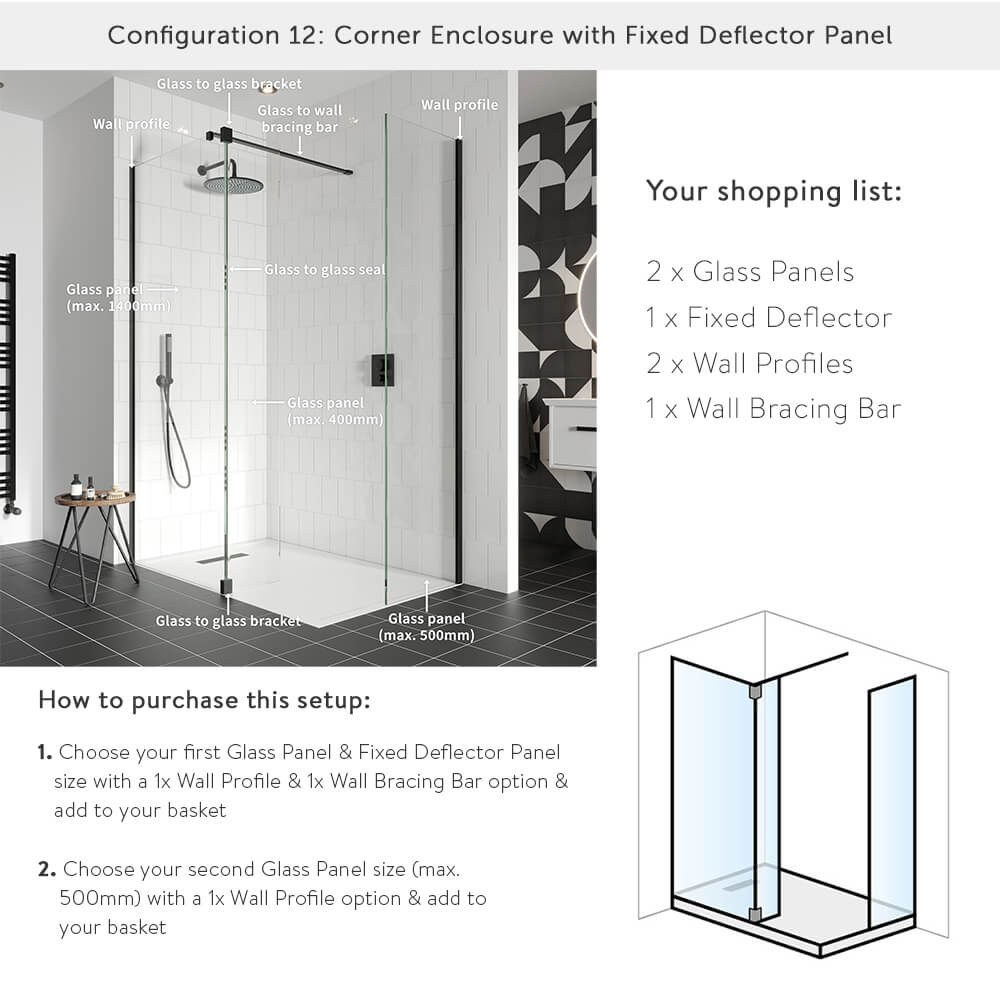 Crosswater Gallery 8 Walk In Shower Enclosure 8mm Panels with Multiple Configurations - Matt Black