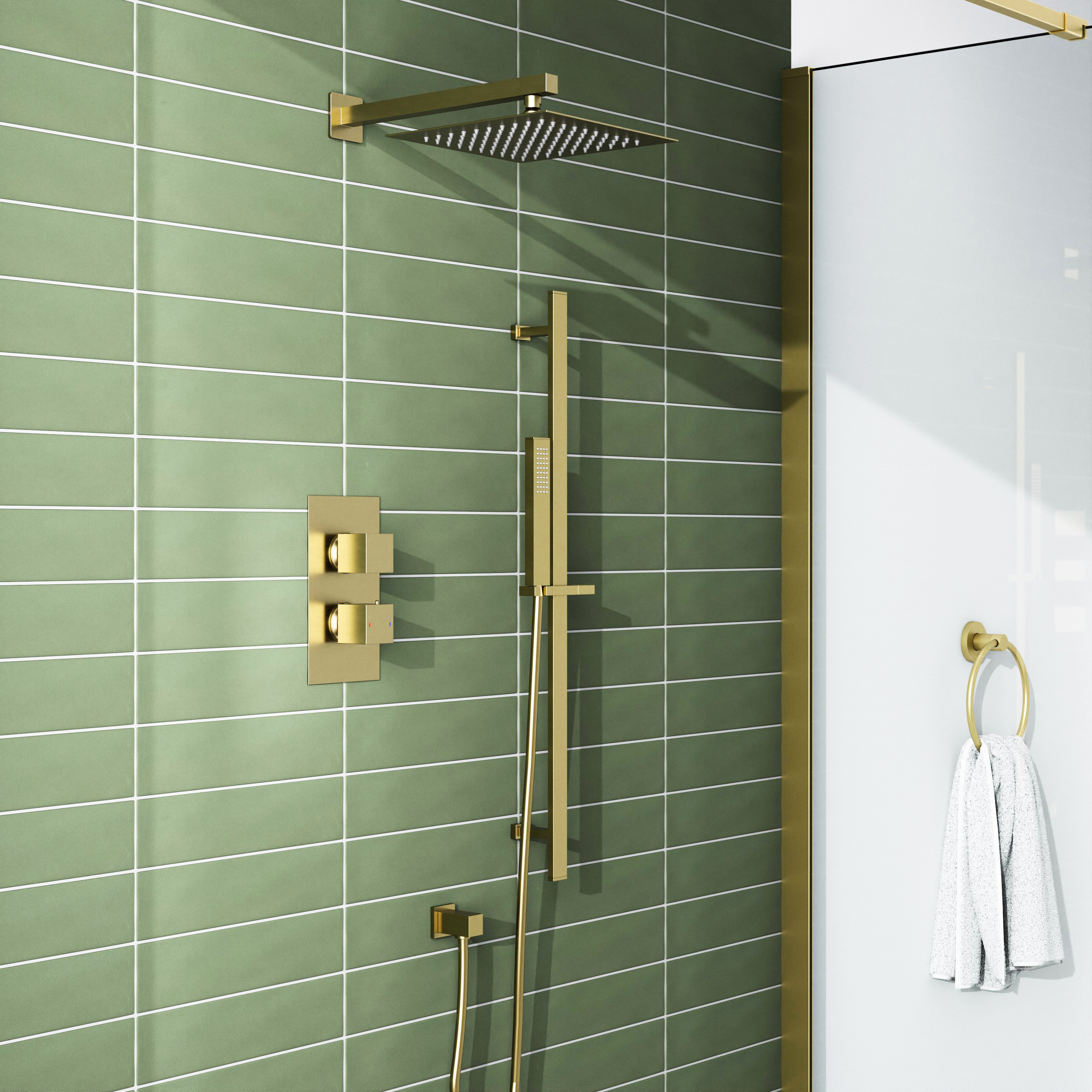Harbour Status Brushed Brass Shower Package with 2 Outlet Valve, Fixed Head & Arm and Slide Rail Shower Kit