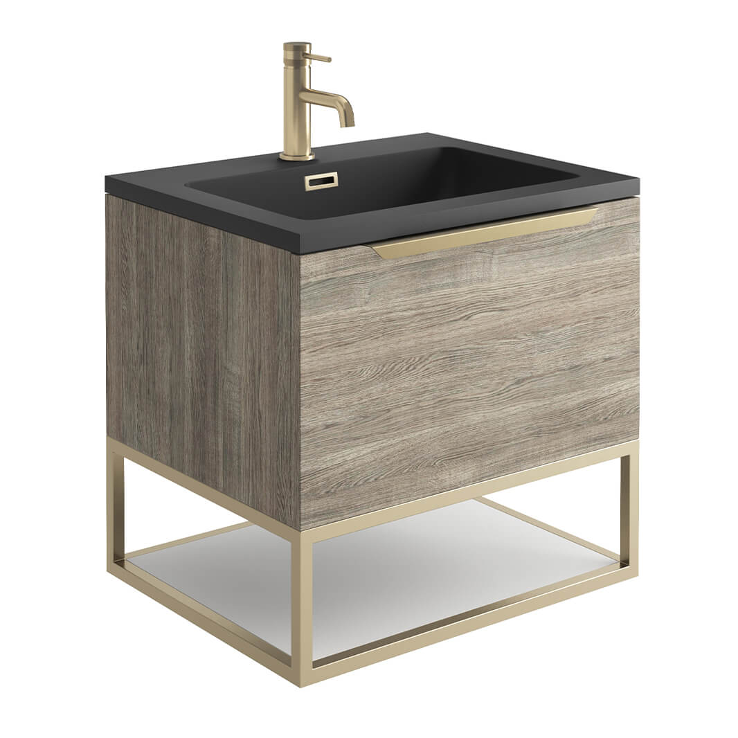 Harbour Virtue 600mm Wall Hung Vanity Unit with LED Illumination, Brushed Brass Frame Shelf and Handle & Basin