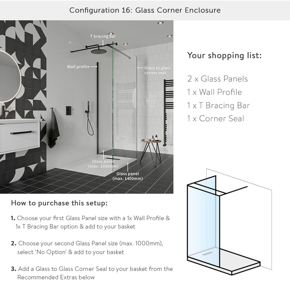 Crosswater Gallery 8 Walk In Shower Enclosure 8mm Panels with Multiple Configurations - Matt Black