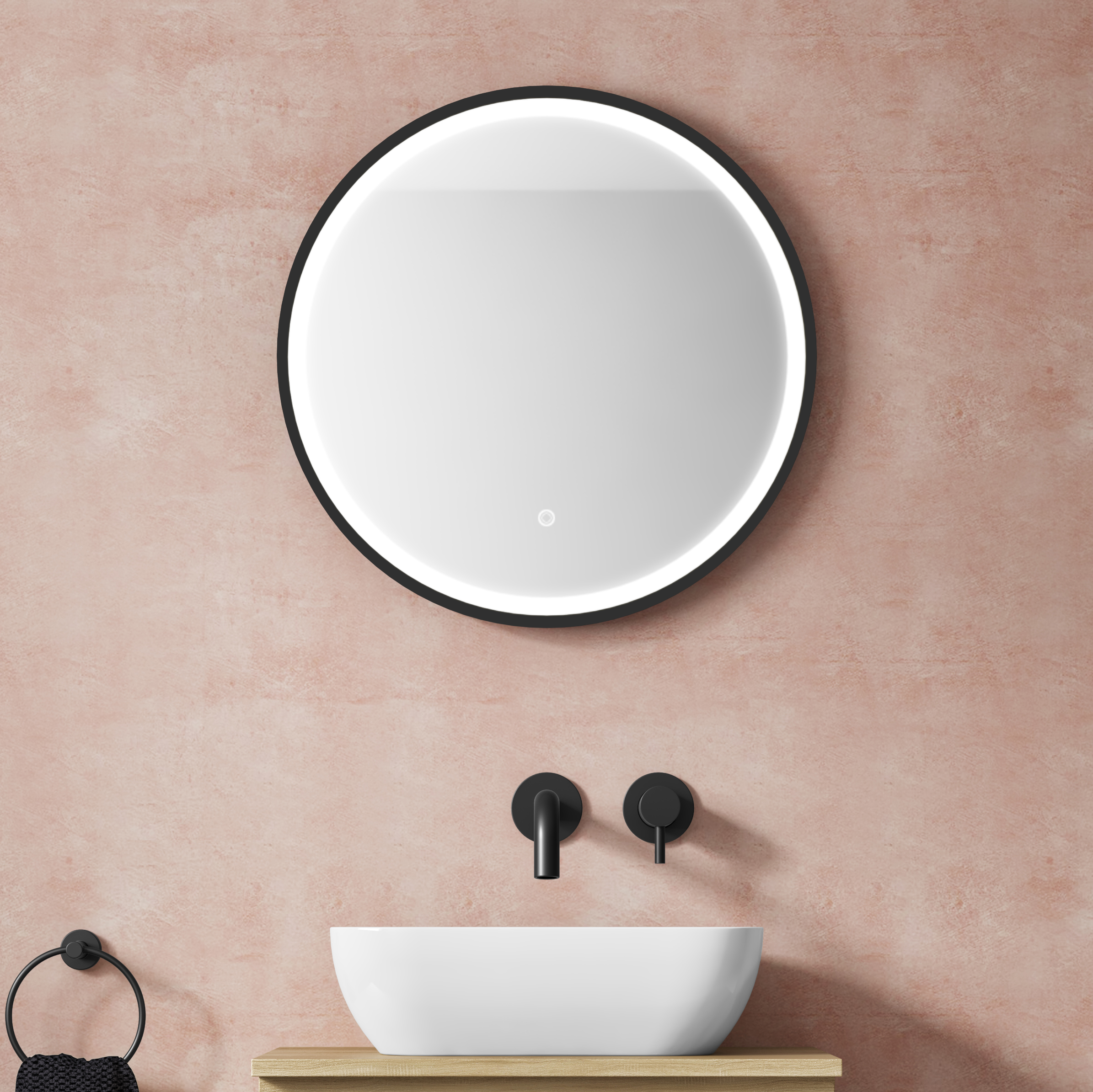 VOS LED Illuminated Round Framed Mirror with Demister Pad & Colour Change Lights - 600mm