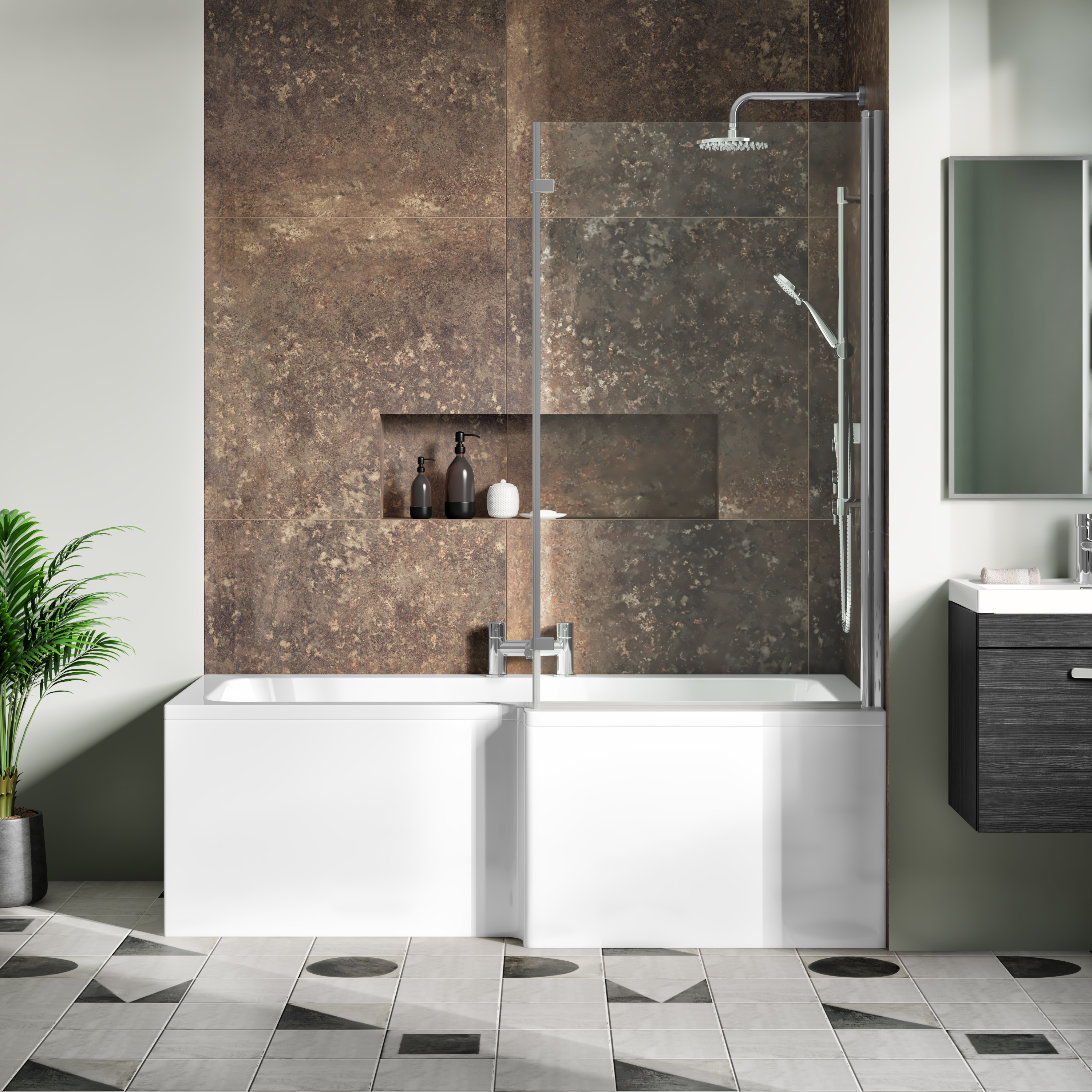 Drench Polished Chrome Hinged L-Shaped Bath Screen with Fixed Return - 1400 x 815mm