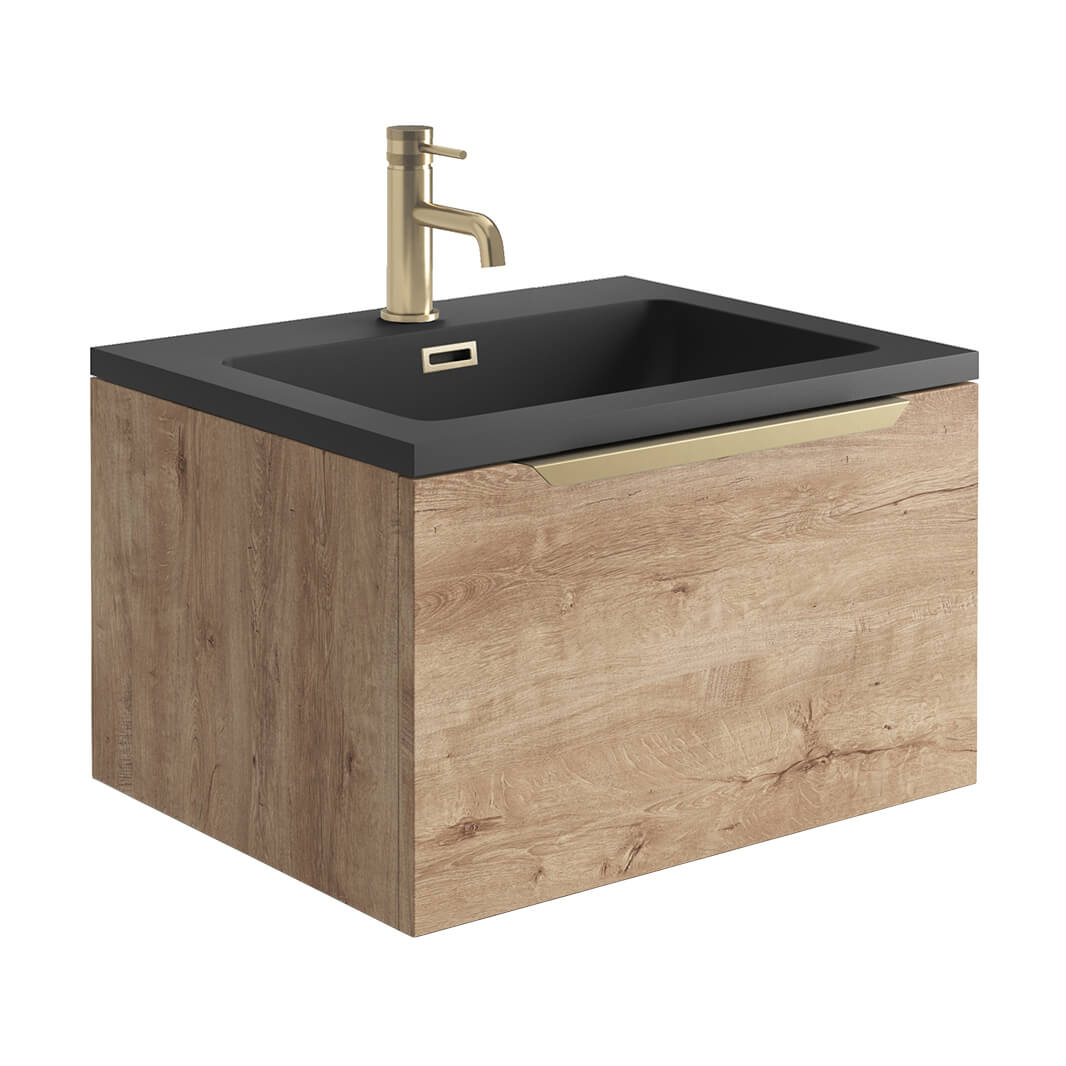 Harbour Virtue 600mm Wall Hung Vanity Unit with LED Illumination, Brushed Brass Handle & Basin