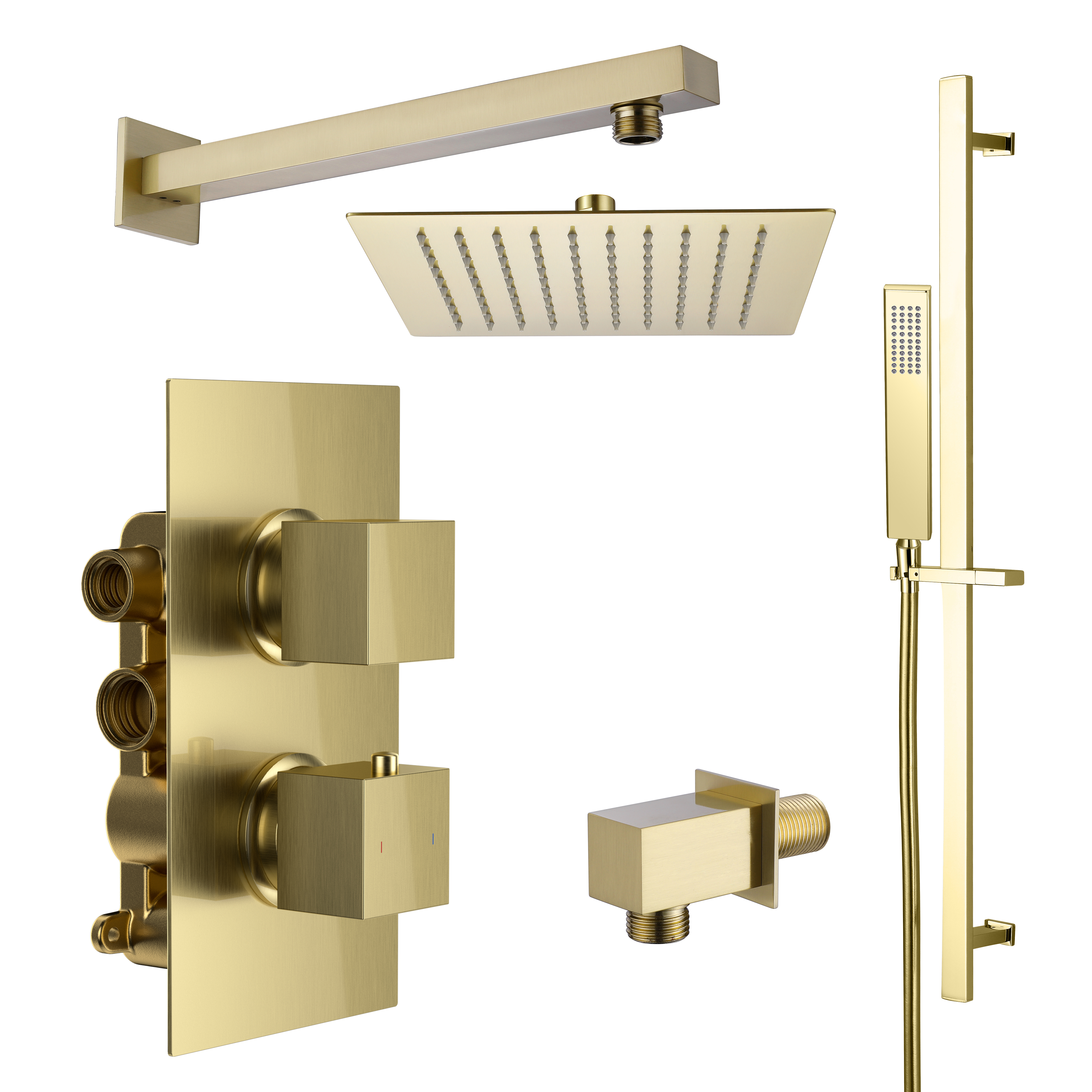 Harbour Status Brushed Brass Shower Package with 2 Outlet Valve, Fixed Head & Arm and Slide Rail Shower Kit