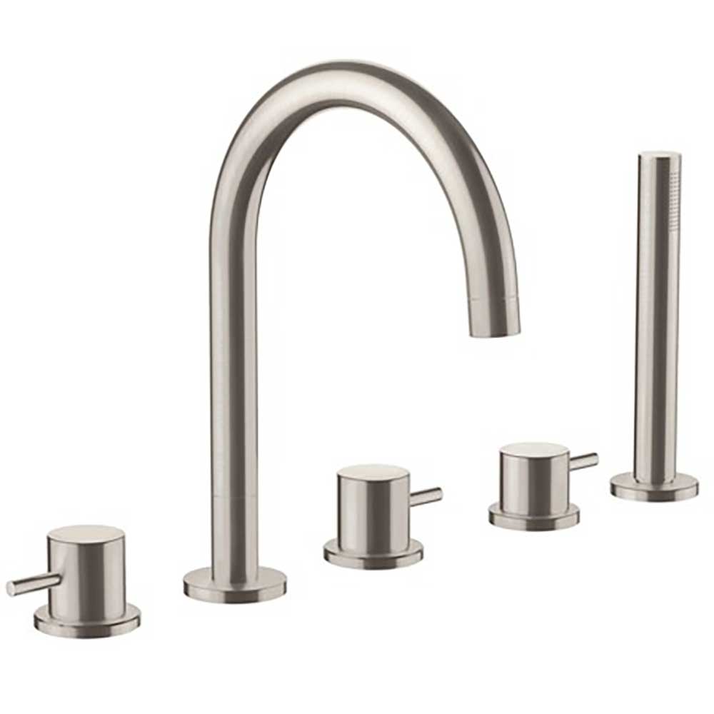 Inox Brushed Stainless Steel 5 Hole Bath Shower Mixer with Extractable Hand Shower, Swivel Spout & Diverter