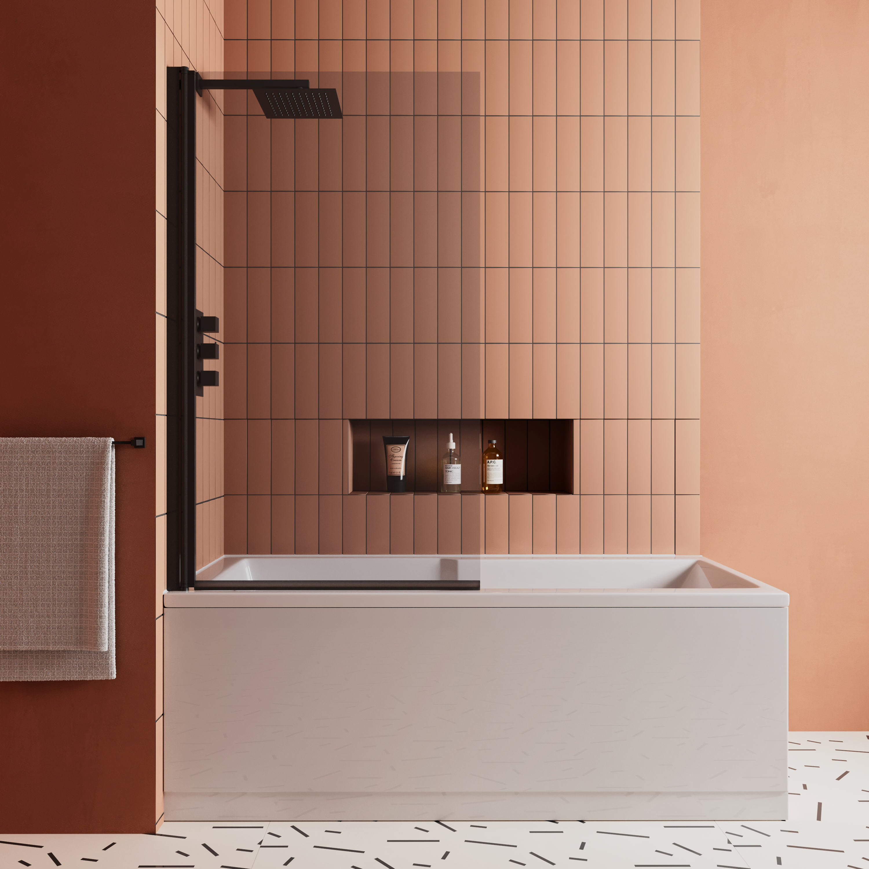 Vellamo City Matt Black 6mm Smoked Black Glass Hinged Bath Screen - 1400 x 800mm