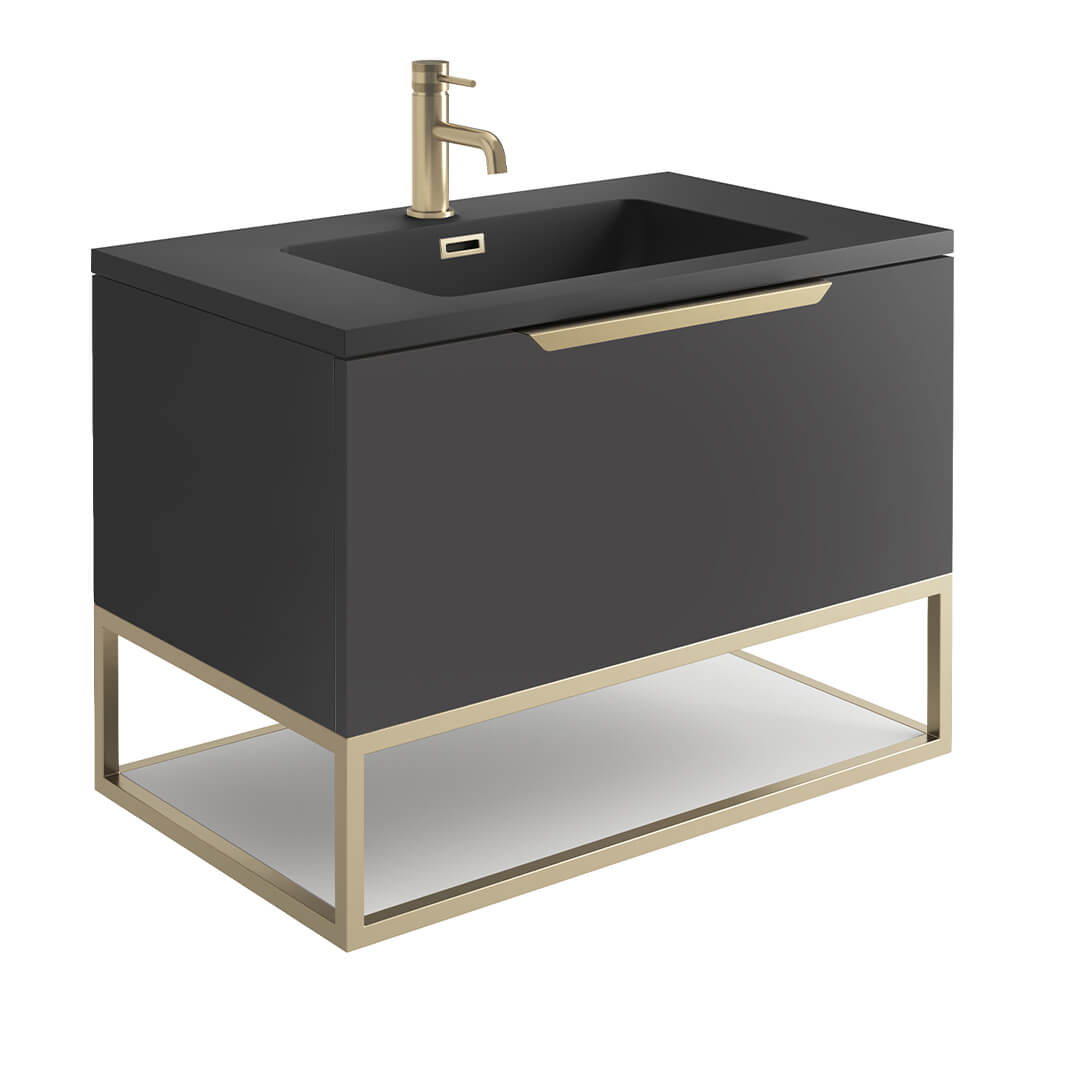 Harbour Virtue 800mm Wall Hung Vanity Unit with LED Illumination, Brushed Brass Frame Shelf and Handle & Basin
