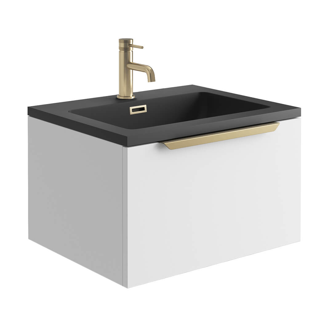 Harbour Virtue 600mm Wall Hung Vanity Unit with LED Illumination, Brushed Brass Handle & Basin