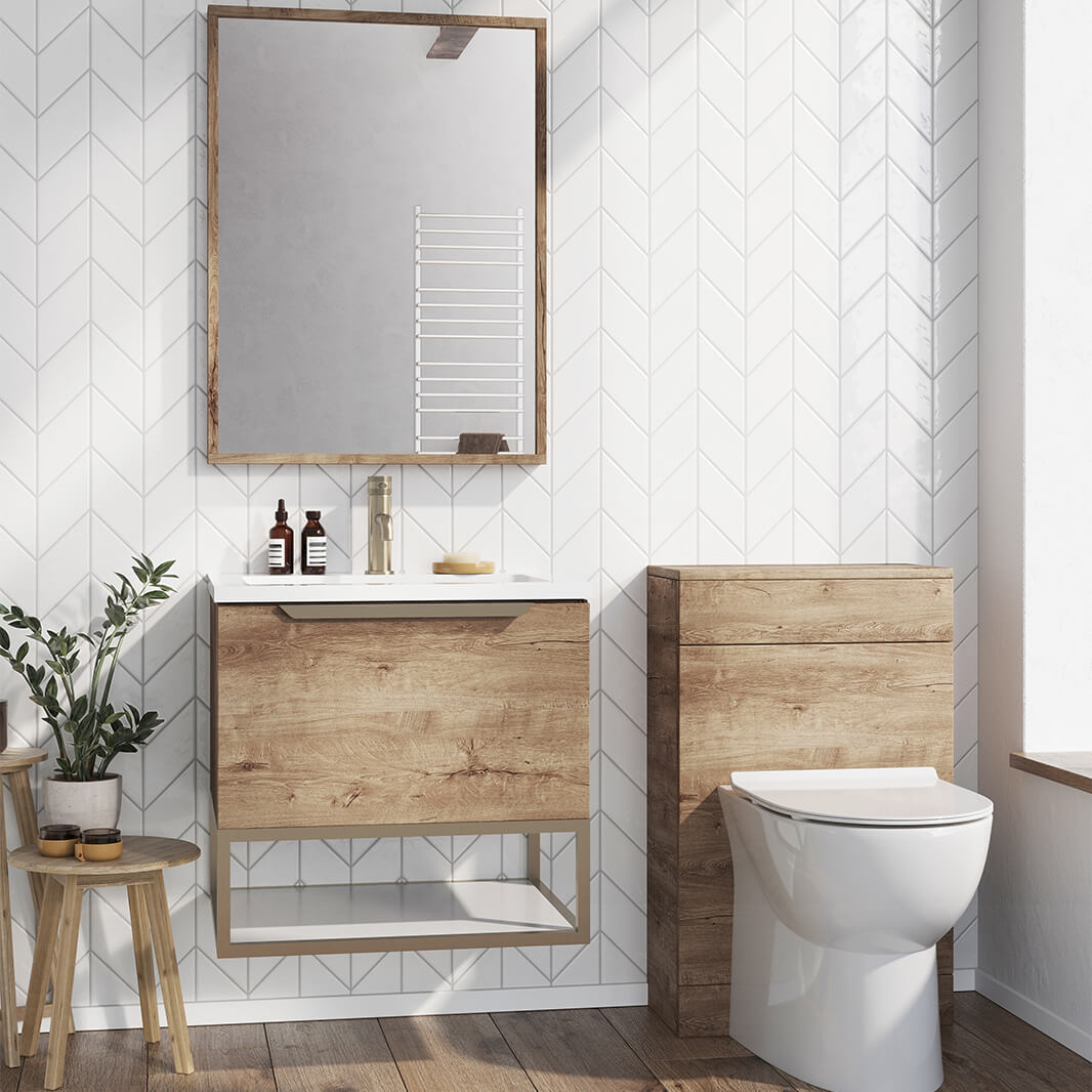Harbour Virtue 600mm Wall Hung Vanity Unit with LED Illumination, Brushed Brass Frame Shelf and Handle & Basin