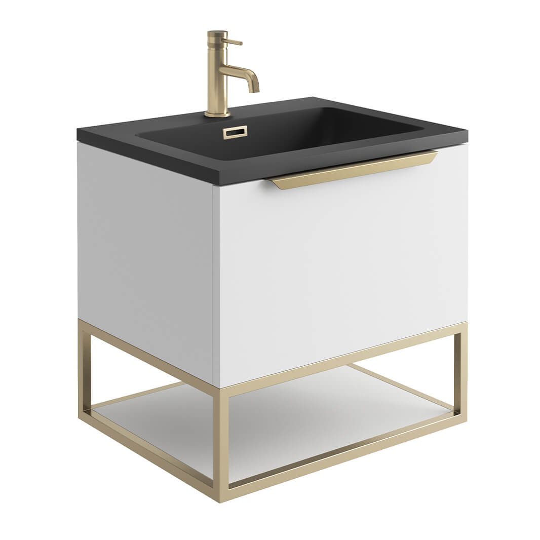 Harbour Virtue 600mm Wall Hung Vanity Unit with LED Illumination, Brushed Brass Frame Shelf and Handle & Basin