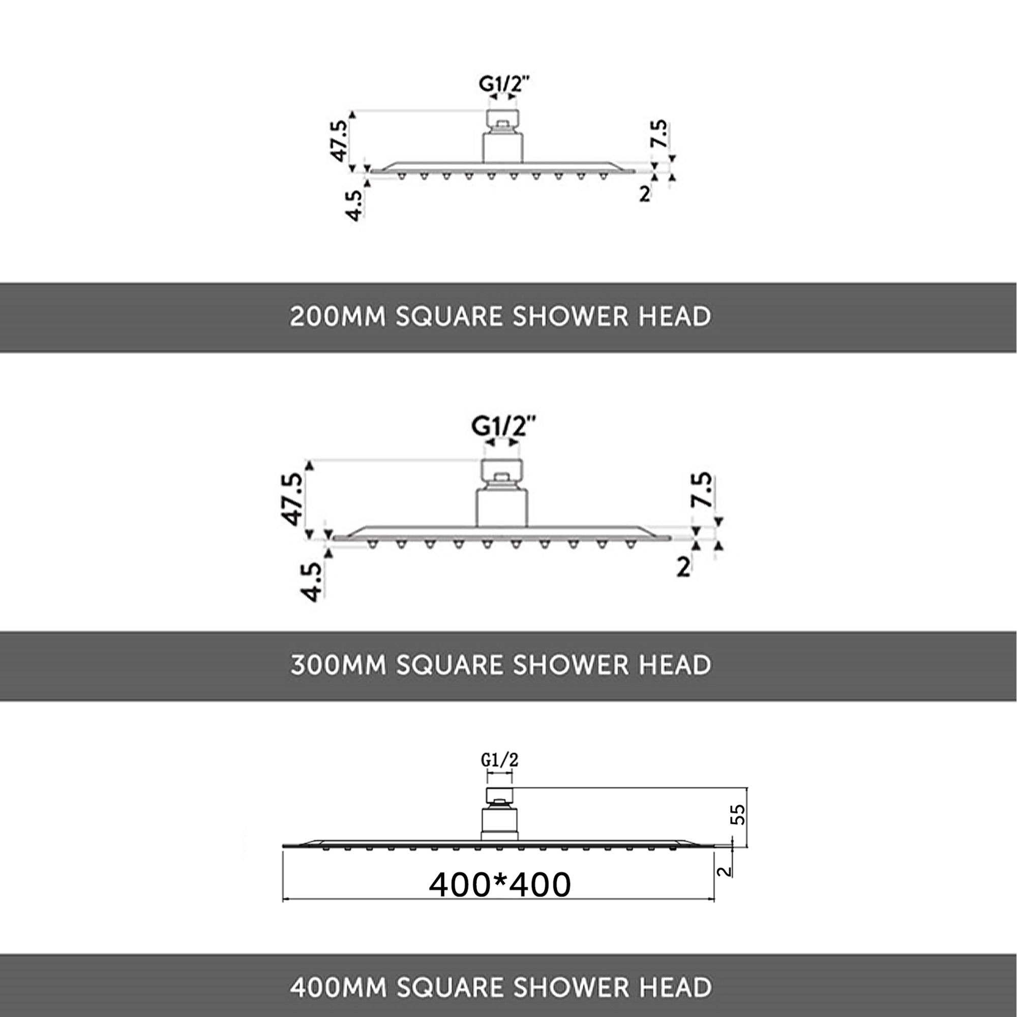 Drew Square Concealed Shower Valve with Fixed Head & Slide Rail Kit