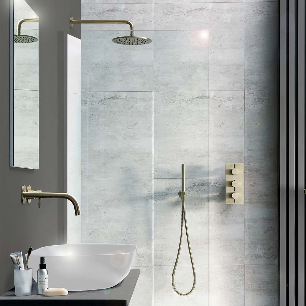 VOS Round Water Outlet & Holder with Metal Hose & Slim Hand Shower - Brushed Brass