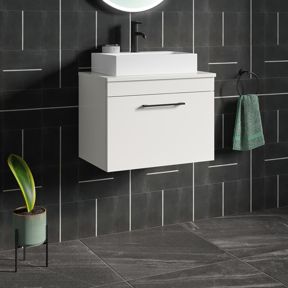 Emily Gloss White Wall Mounted 1 Drawer Vanity Unit and Countertop with Matt Black Handle