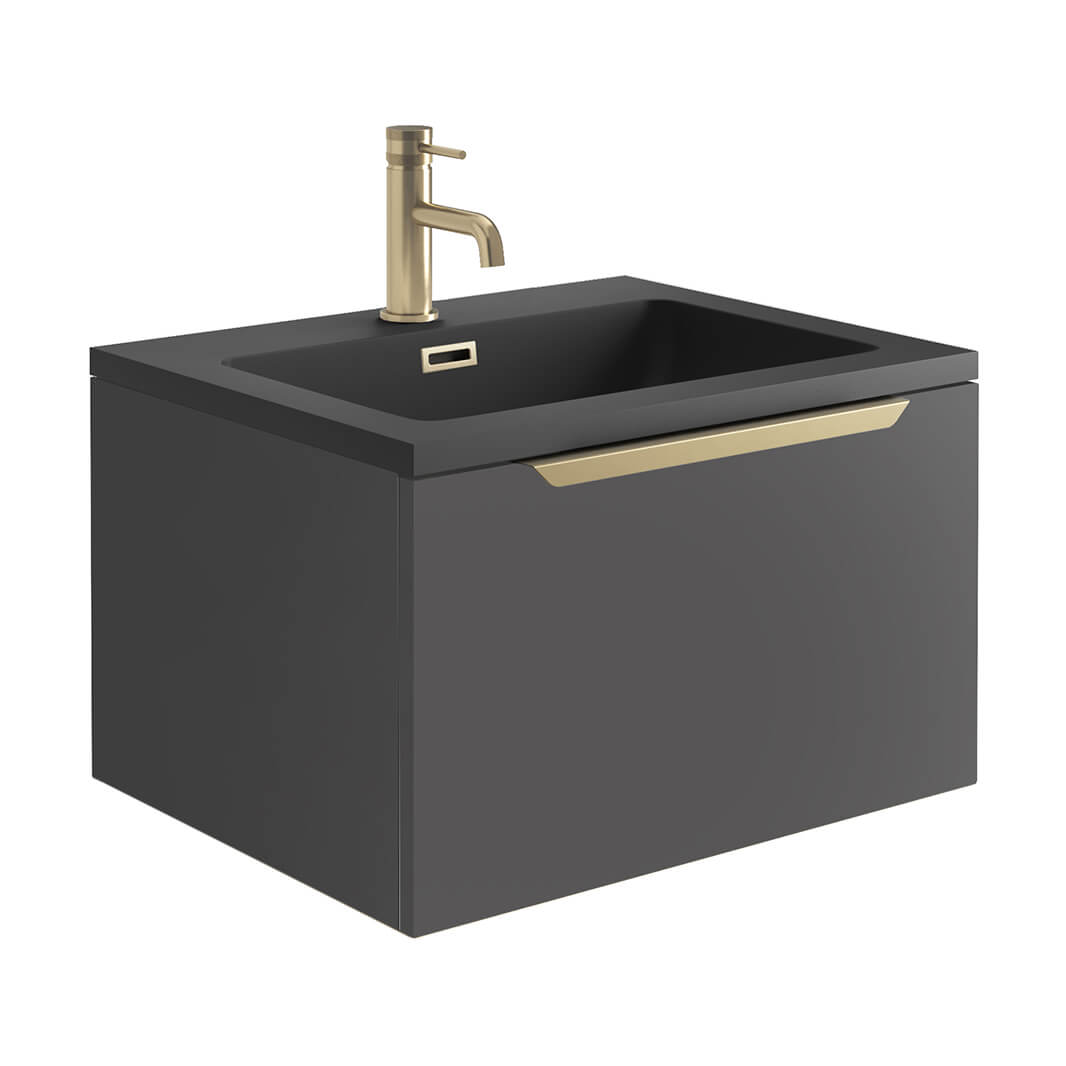 Harbour Virtue 600mm Wall Hung Vanity Unit with LED Illumination, Brushed Brass Handle & Basin