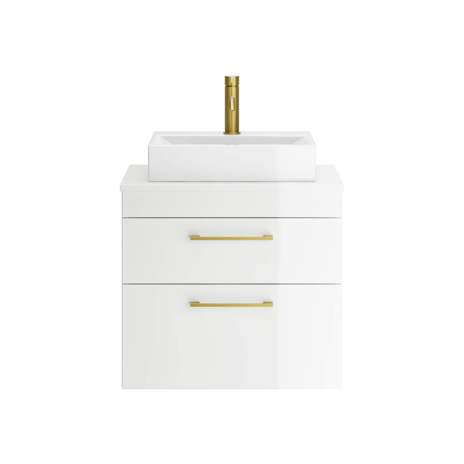 Emily Gloss White Wall Mounted 2 Drawer Vanity Unit and Countertop with Brushed Brass Handles
