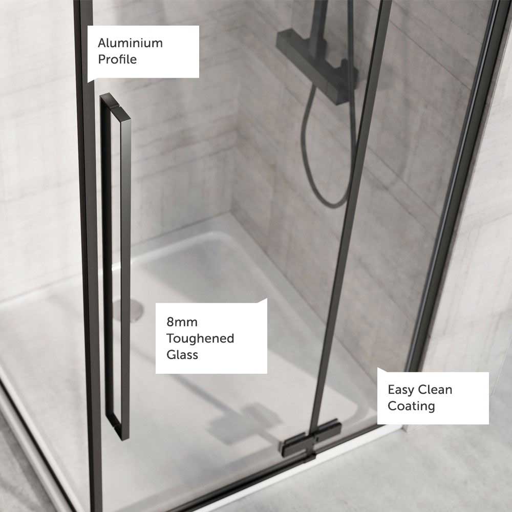 Harbour Icon Matt Black 8mm 2m Tall Easy Clean Hinged Shower Door & Optional Side Panel