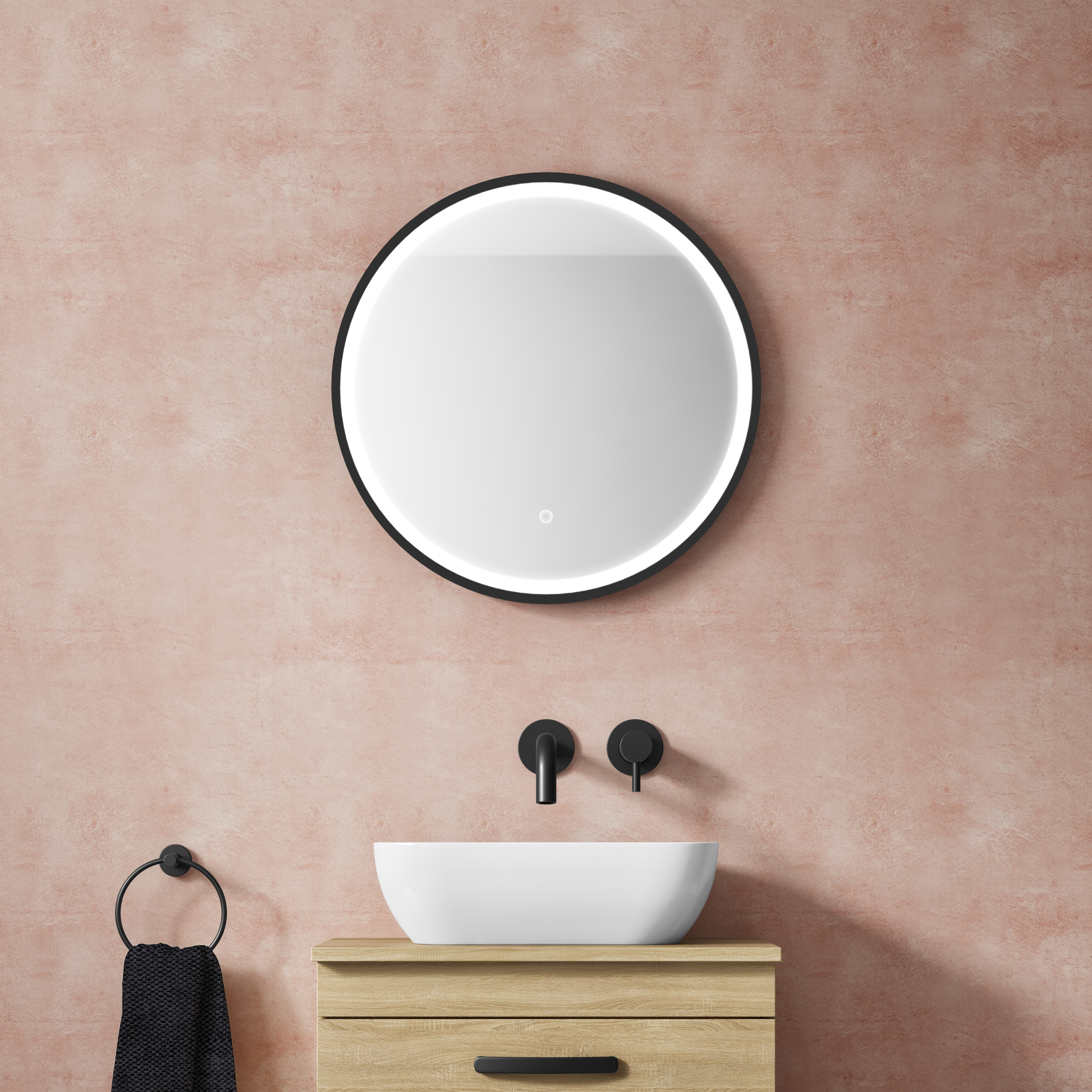 VOS LED Illuminated Round Framed Mirror with Demister Pad & Colour Change Lights - 600mm