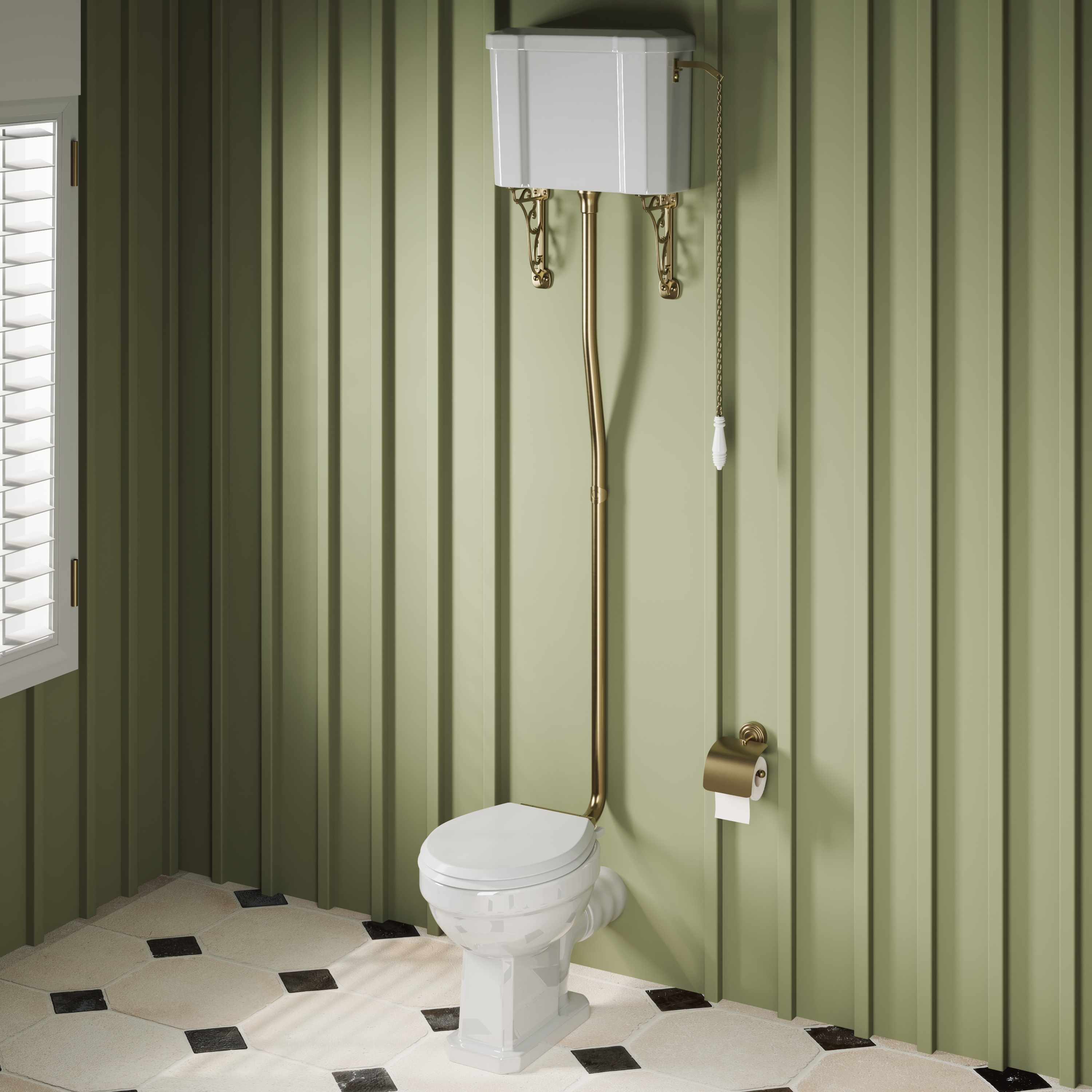 Butler & Rose Catherine Traditional High Level Toilet with Pan, Cistern & Brushed Brass Flush Pipe Set