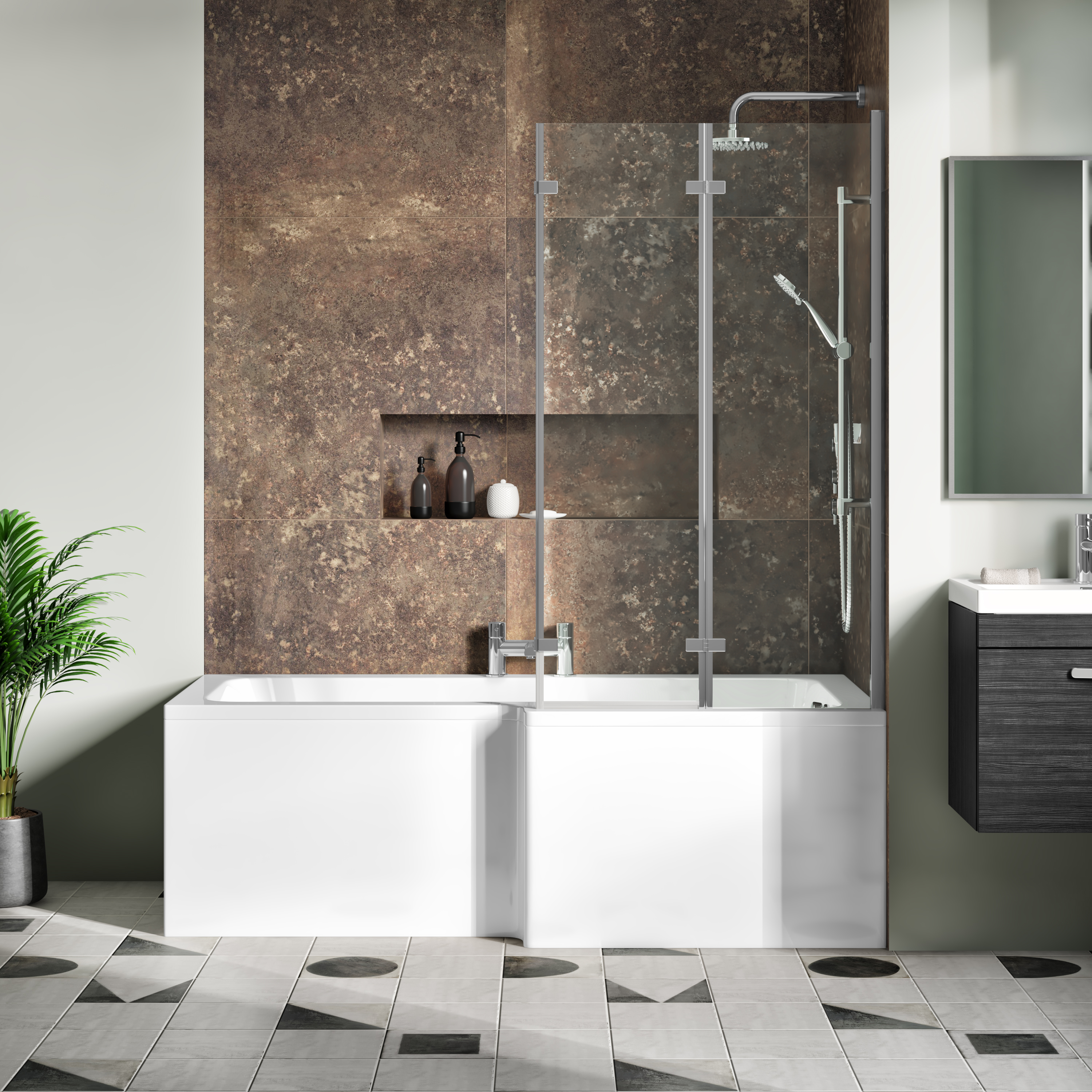 Drench Polished Chrome Double Hinged L-Shaped Bath Screen - 1400 x 800mm
