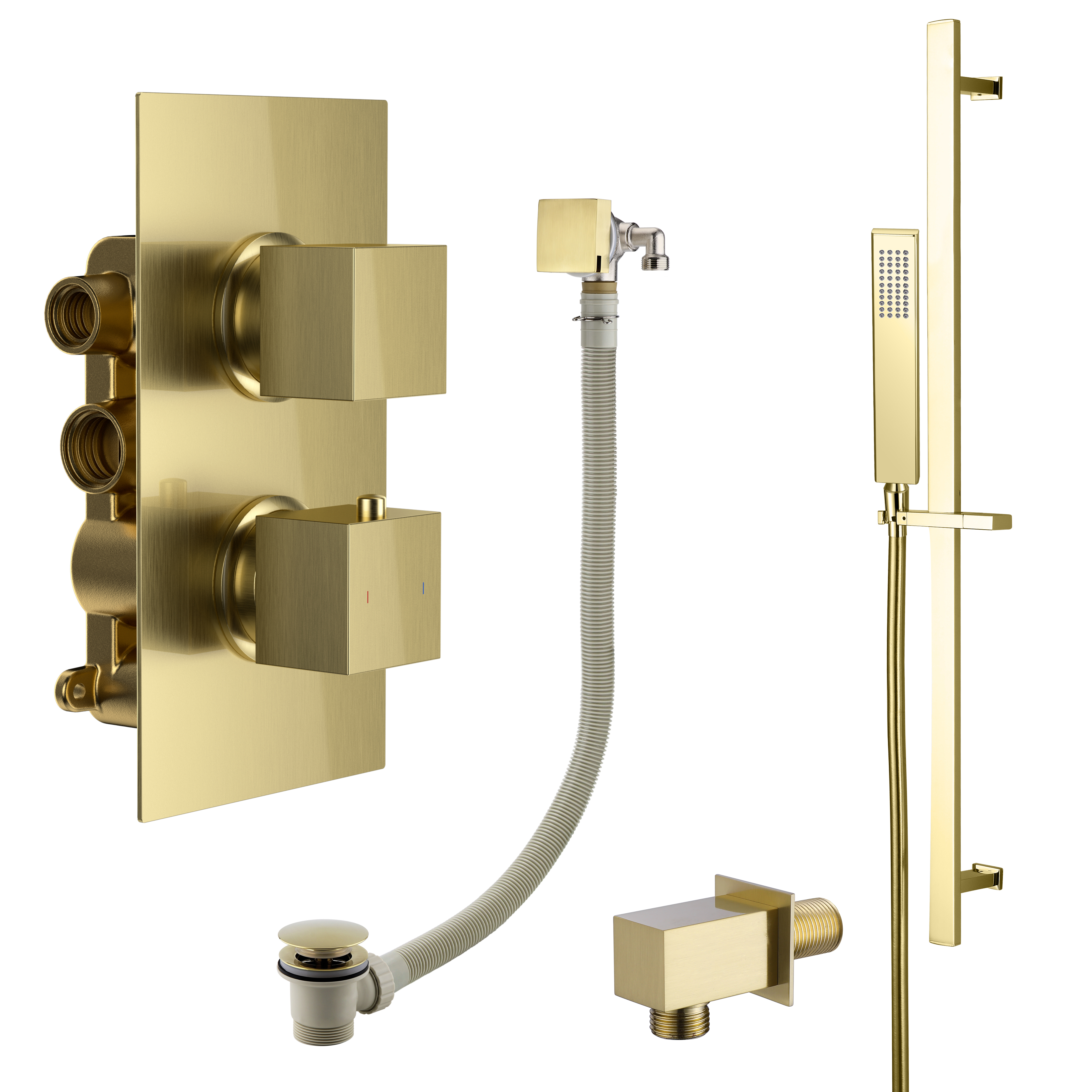 Harbour Status Brushed Brass Shower Package with 2 Outlet Valve, Slide Rail Kit and Overflow Bath Filler