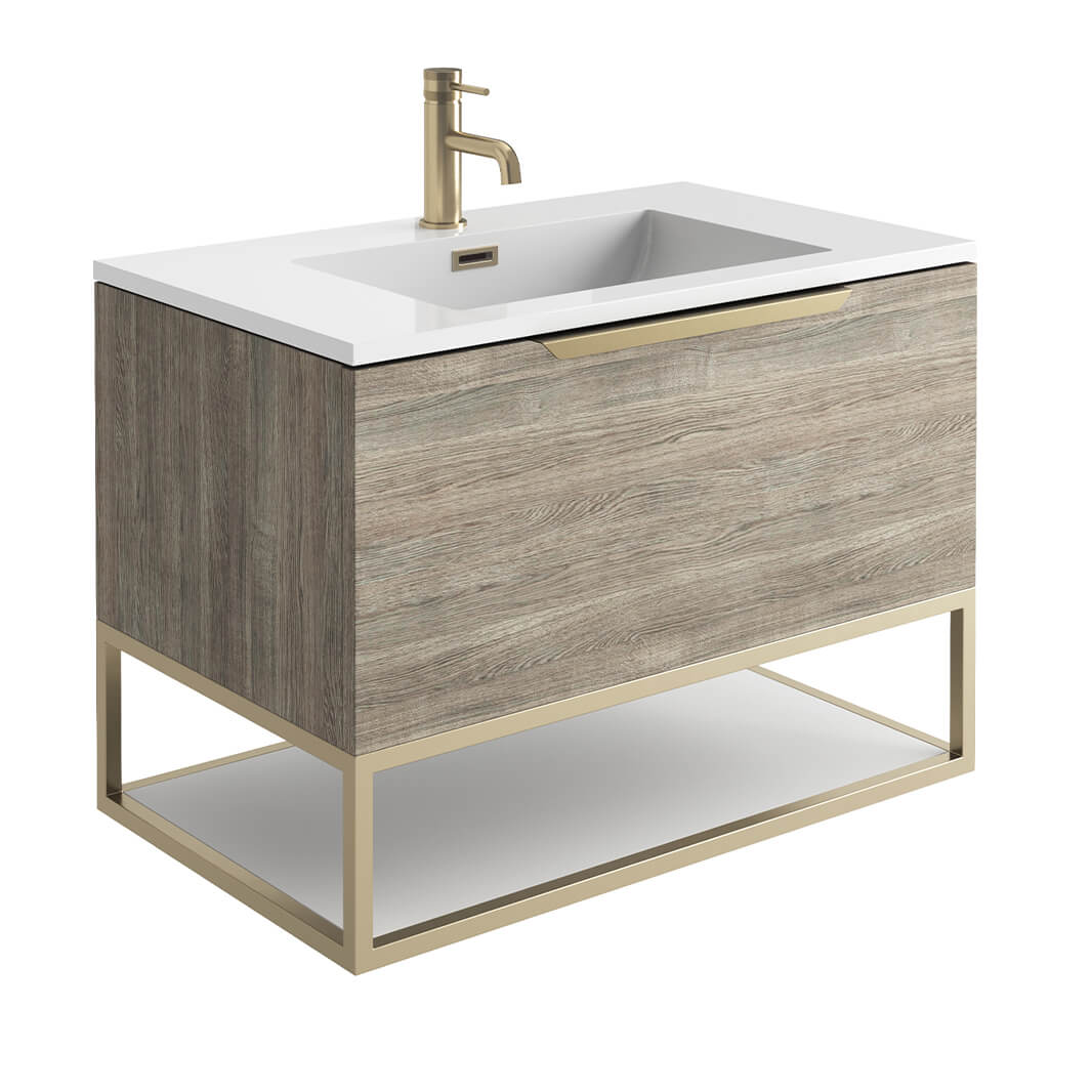 Harbour Virtue 800mm Wall Hung Vanity Unit with LED Illumination, Brushed Brass Frame Shelf and Handle & Basin