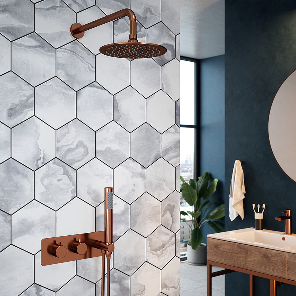 The Tap Factory Vibrance Copper WRAS Approved Concealed Thermostatic Shower Valve with Fixed Shower Head and Shower Handset