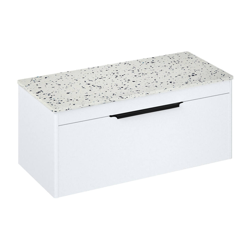 Britton Bathrooms Shoreditch 1000mm Single Drawer Wall Mounted Vanity Unit with Matt Black Handle & Ice Blue Minerva Countertop