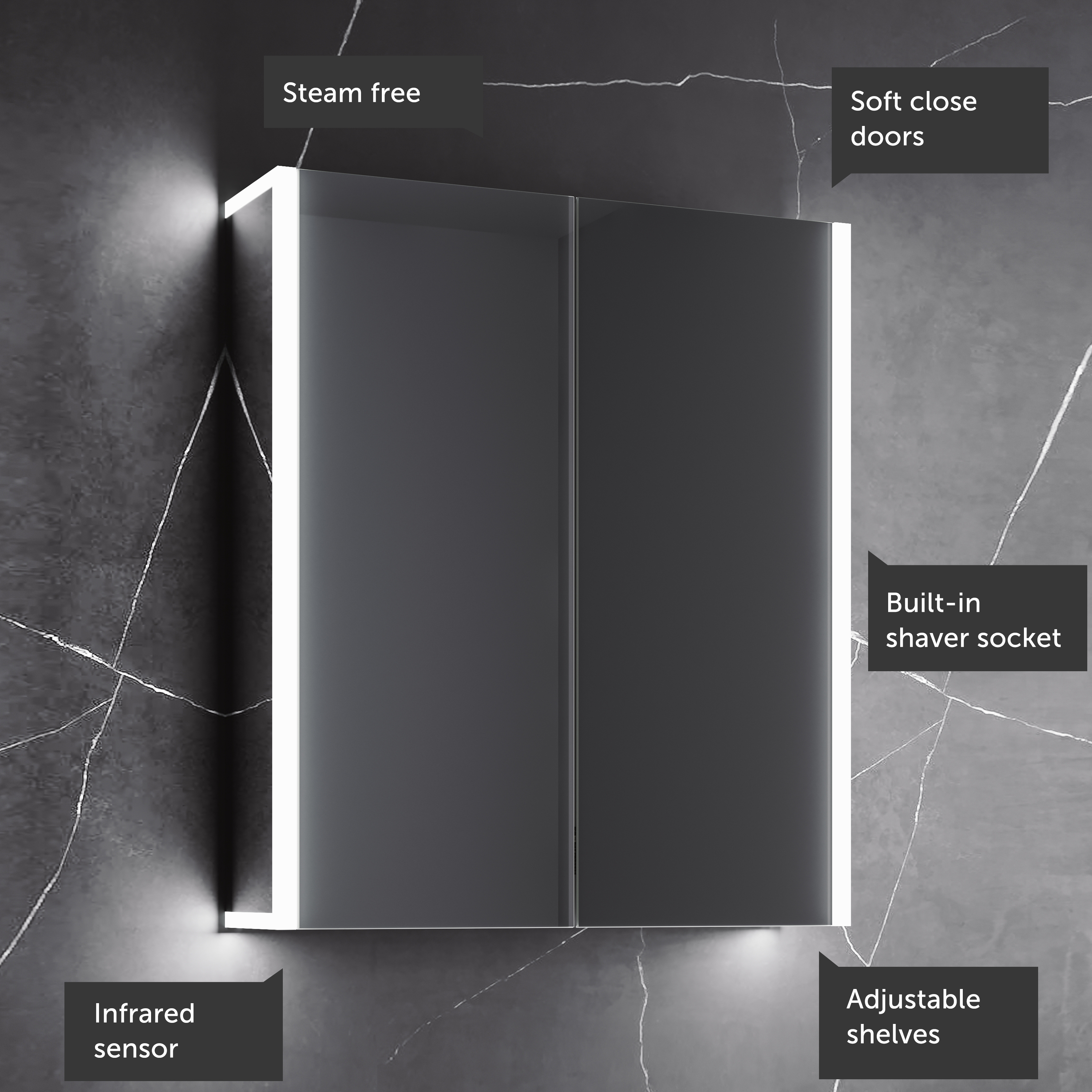 Harbour Icon Double Door LED Bathroom Mirror Cabinet with Demister Pad & Shaver Socket - 600 x 700mm