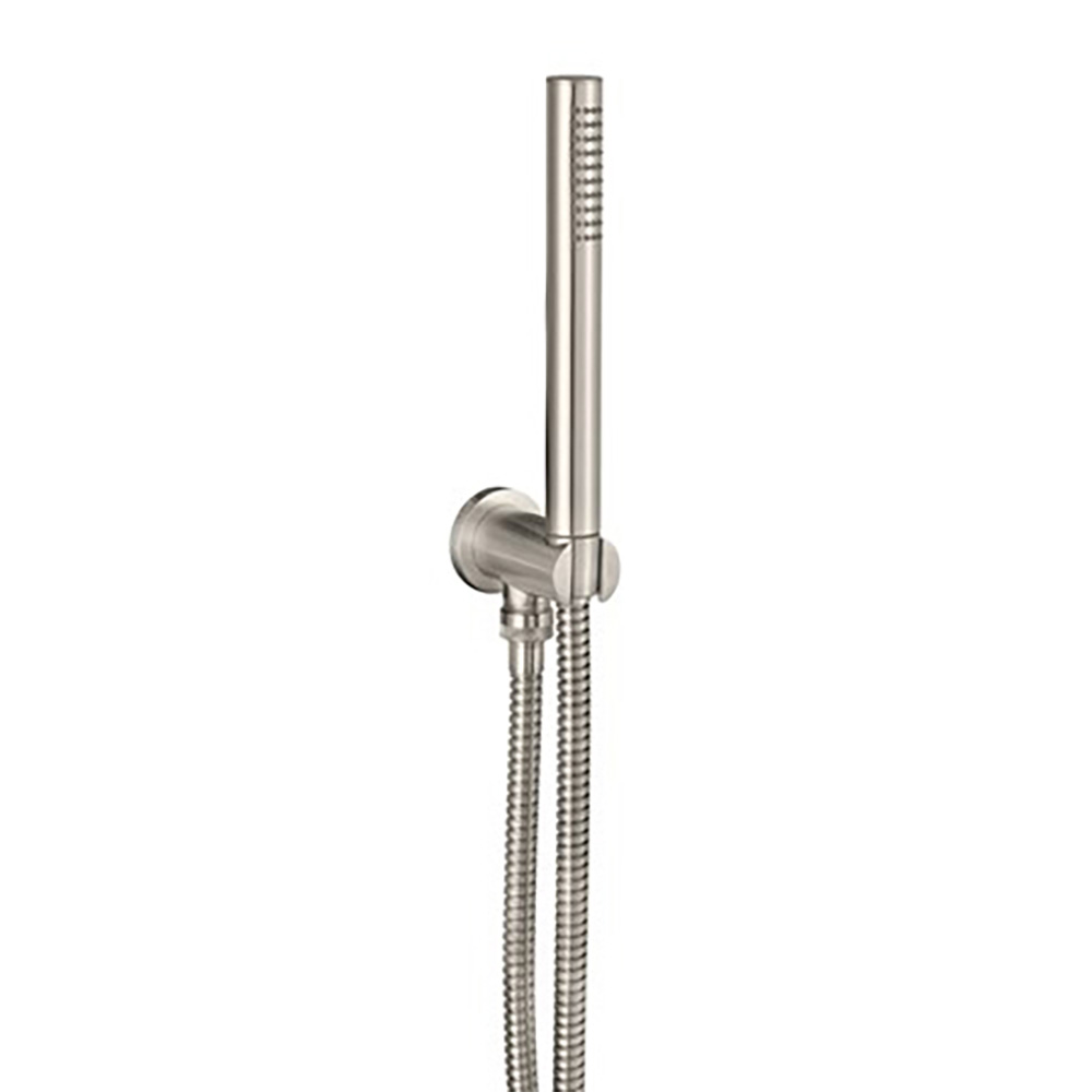 Inox Brushed Stainless Steel Round Water Outlet & Holder with Metal Hose & Slim Hand Shower