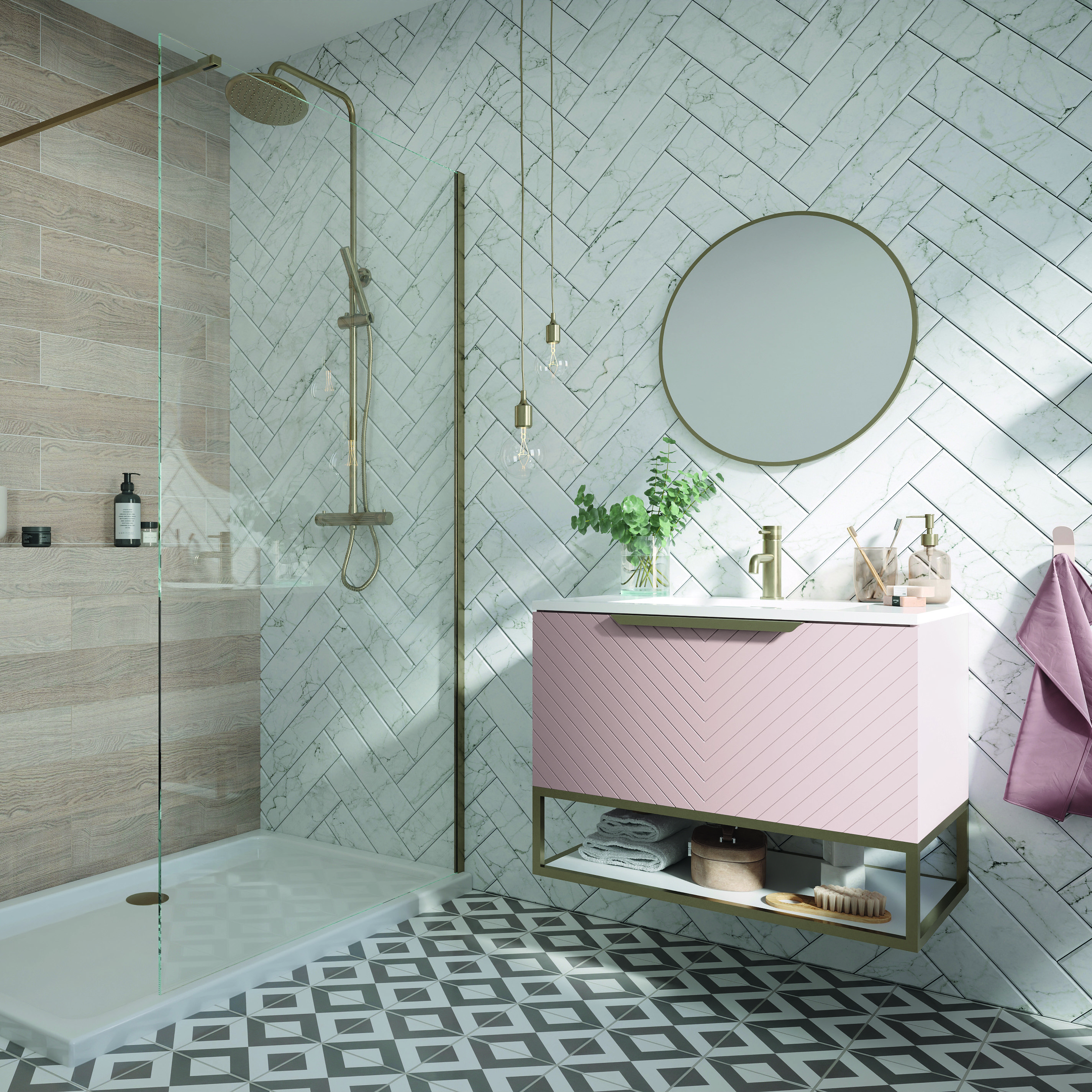 Harbour Symmetry 800mm Wall Hung Vanity Unit with Brushed Brass Frame Shelf and Handle & Basin