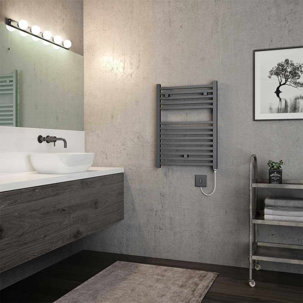 Brenton Helios Electric Straight Square Anthracite Heated Towel Rail - 20mm - 690 x 500mm