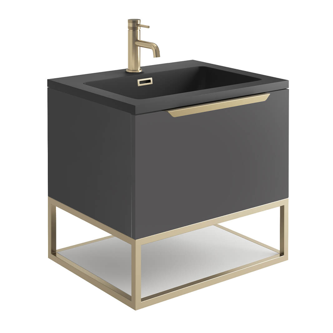 Harbour Virtue 600mm Wall Hung Vanity Unit with LED Illumination, Brushed Brass Frame Shelf and Handle & Basin
