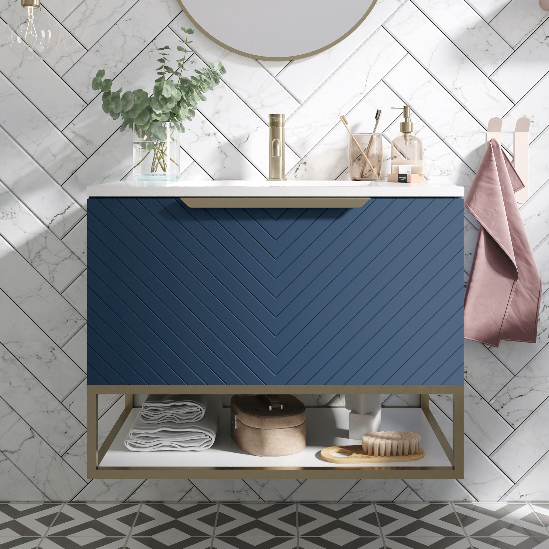 Harbour Symmetry 800mm Wall Hung Vanity Unit with Brushed Brass Frame Shelf and Handle & Basin