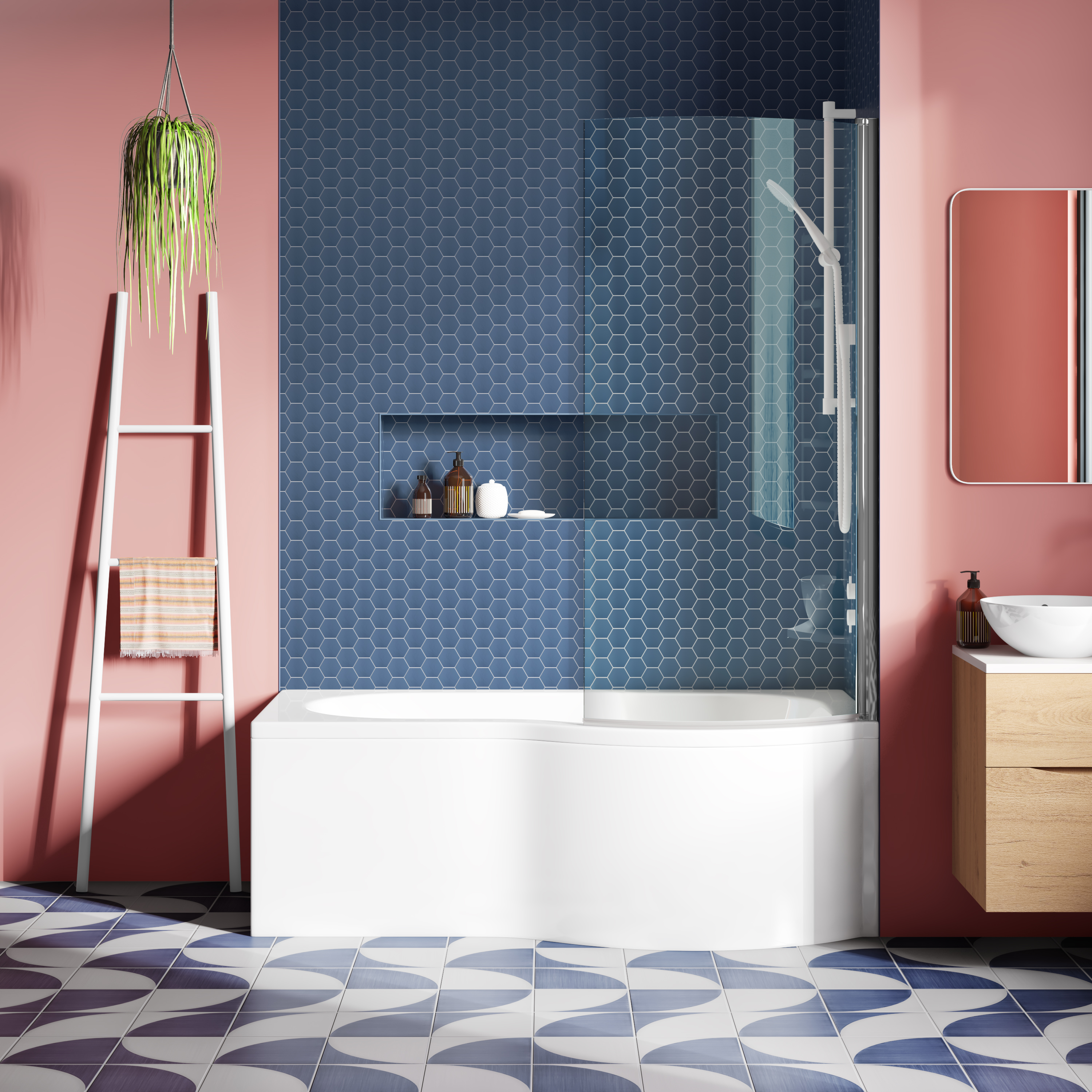Drench Curved Polished Chrome Hinged P-Bath Screen - 1433 x 700mm