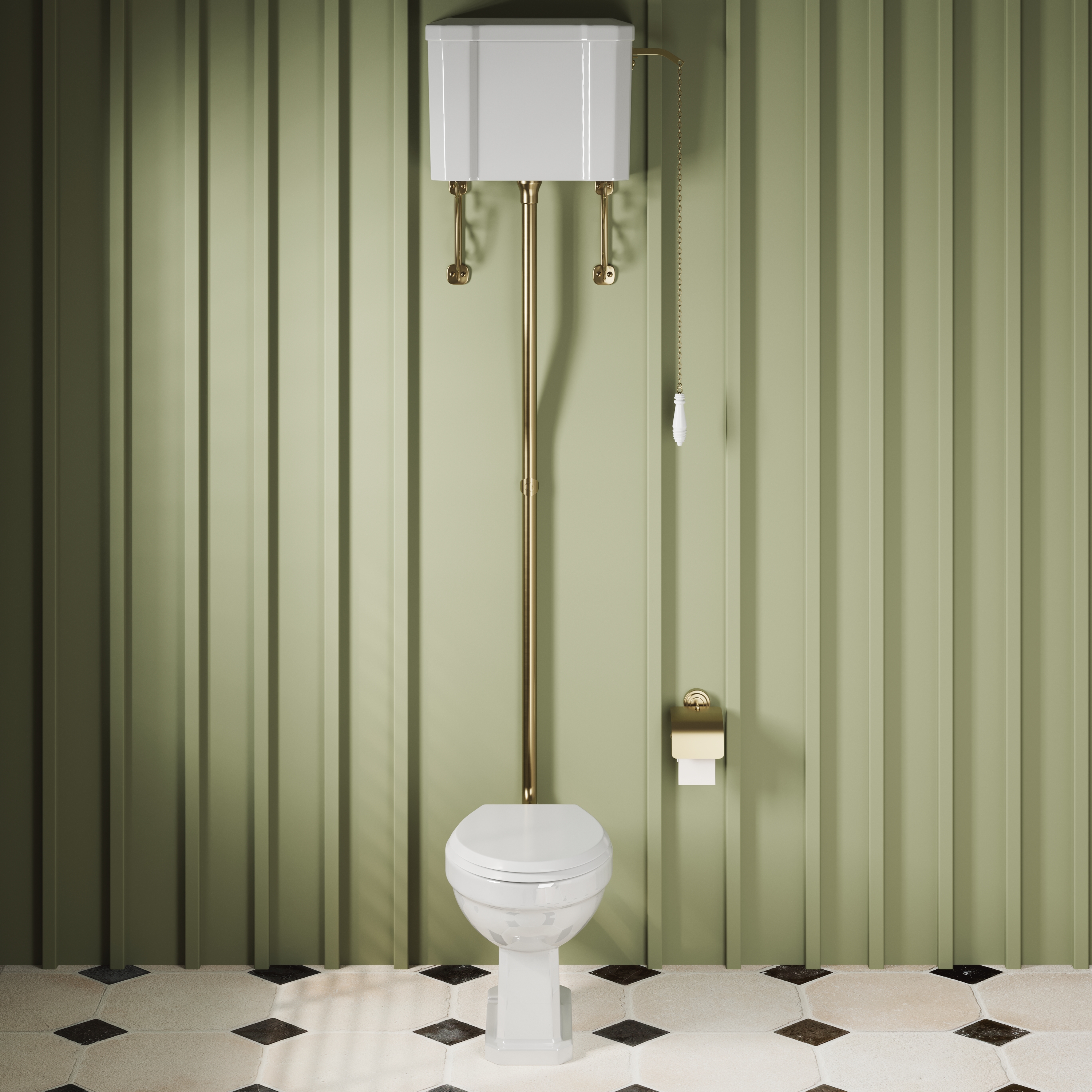 Butler & Rose Catherine Traditional High Level Toilet with Pan, Cistern & Brushed Brass Flush Pipe Set