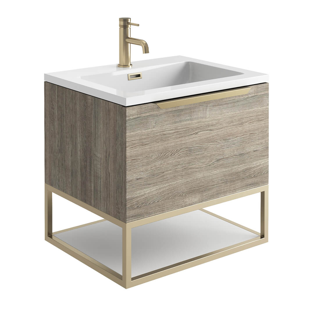 Harbour Virtue 600mm Wall Hung Vanity Unit with LED Illumination, Brushed Brass Frame Shelf and Handle & Basin