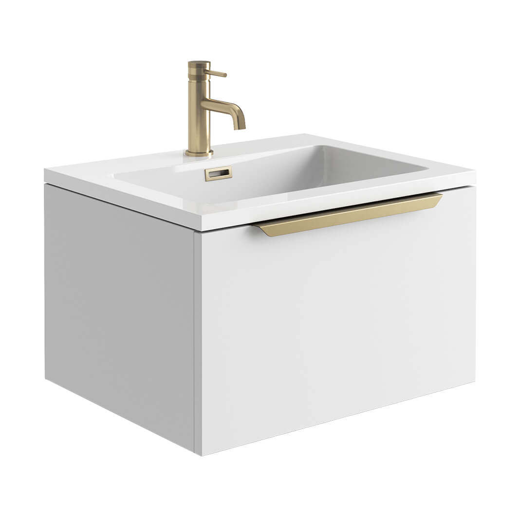 Harbour Virtue 600mm Wall Hung Vanity Unit with LED Illumination, Brushed Brass Handle & Basin