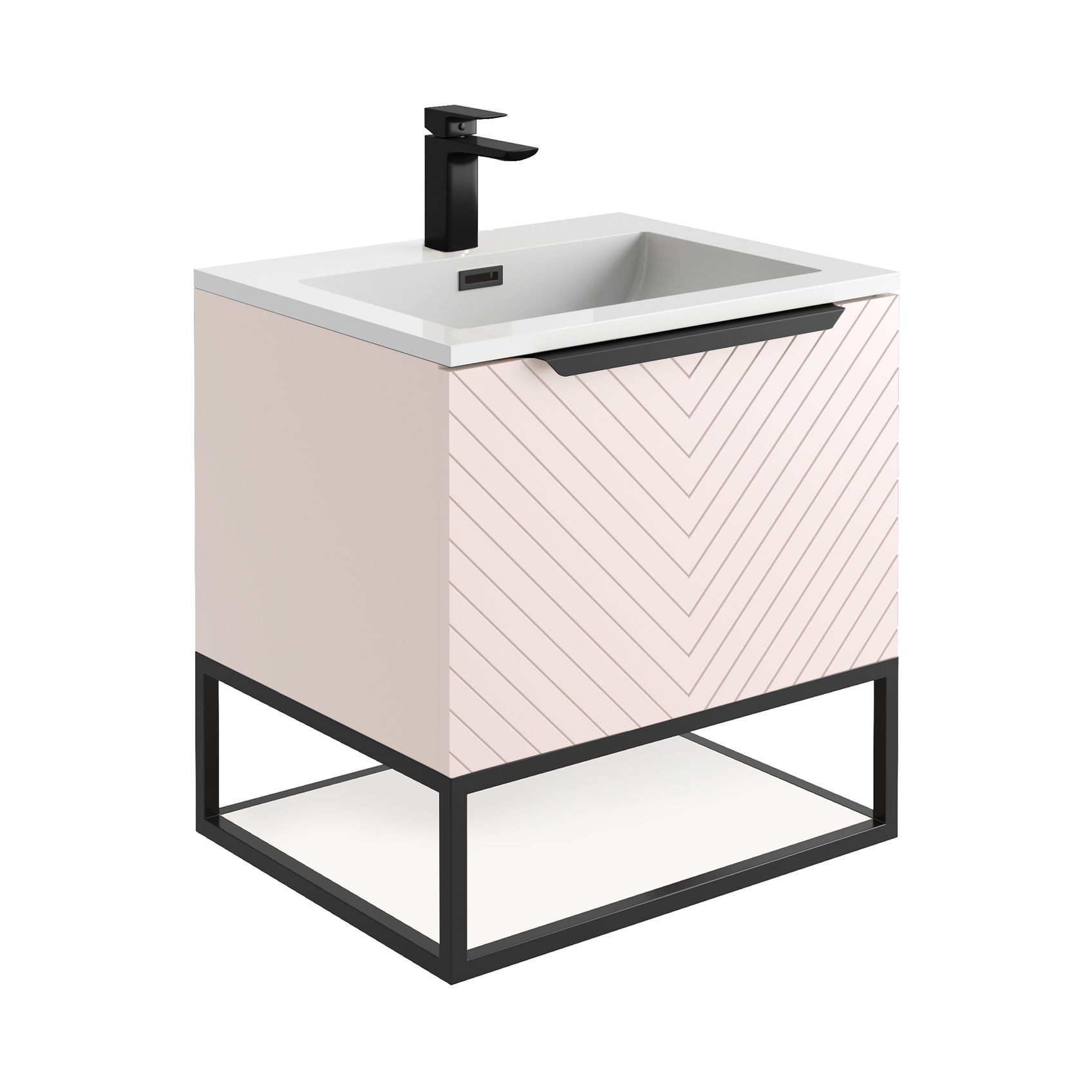 Harbour Symmetry 600mm Wall Hung Vanity Unit with Matt Black Frame Shelf and Handle & Basin