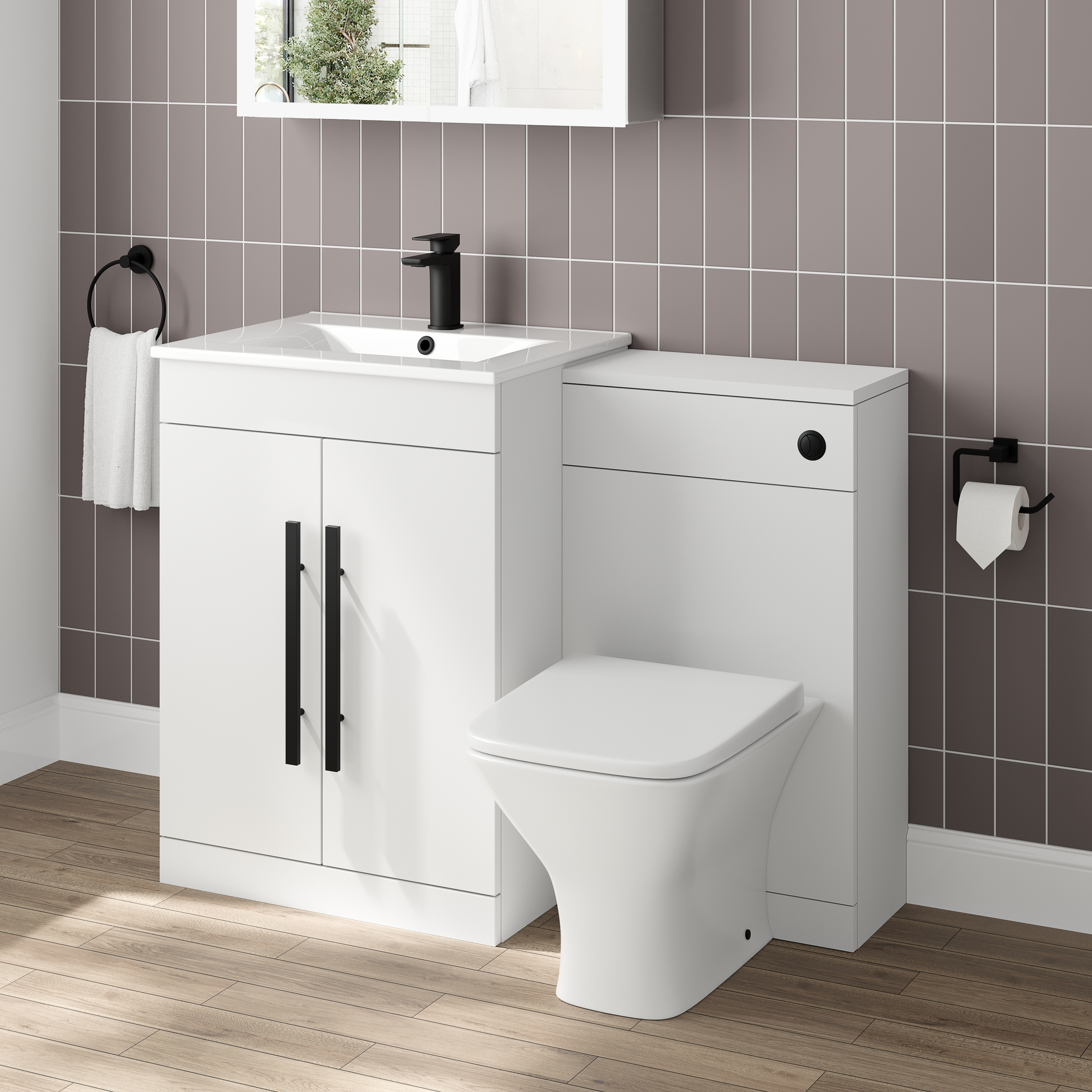 Vellamo Aspire 1100mm 2 Door Combination Basin & Toilet Unit with Matt Black Handles & Overflow Cover - Gloss White